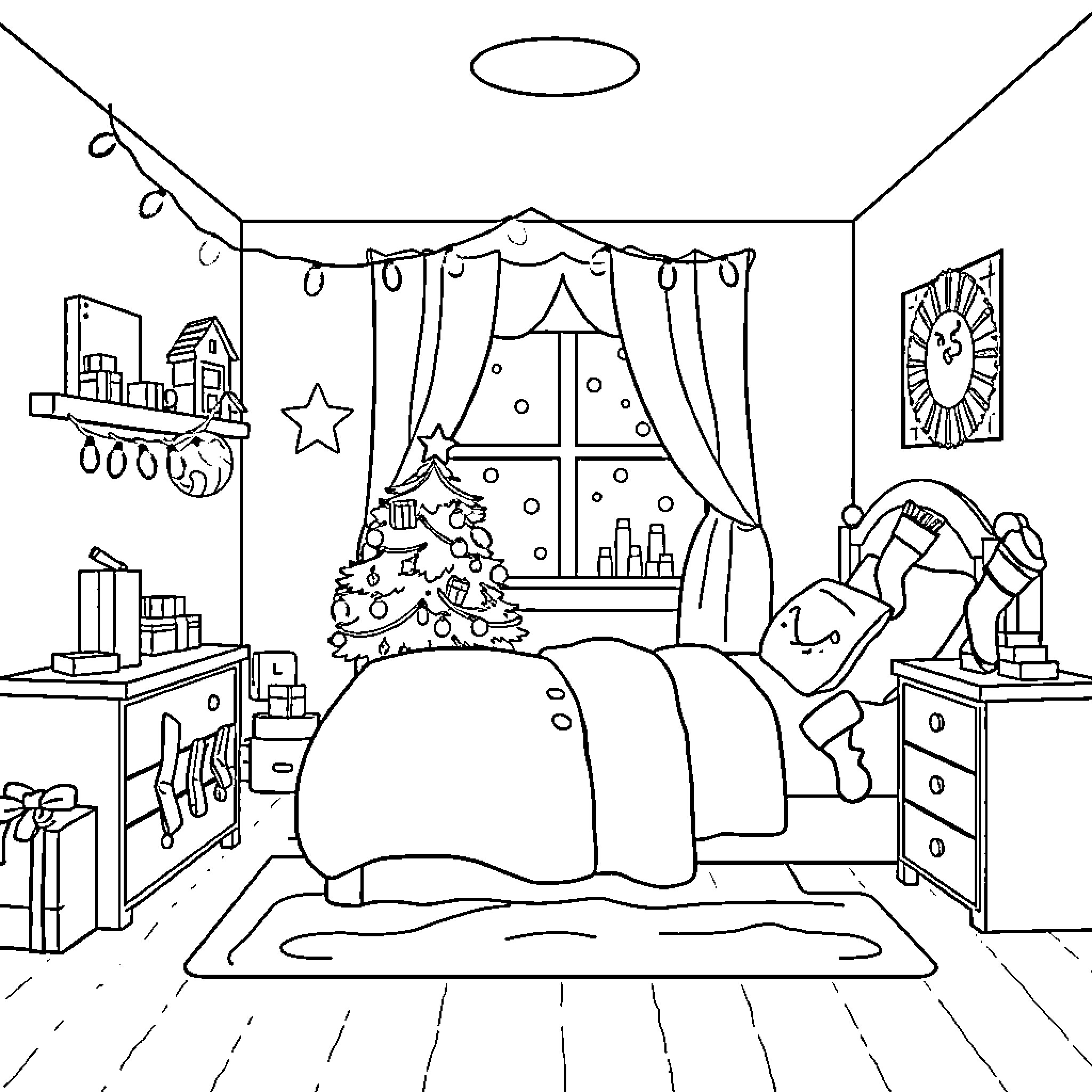 Kids Room with Christmas Decorations and Toys Coloring Page (free black-and-white line drawing printable PDF for all, from beginners to advanced learners, including children, teens, adults, and seniors)