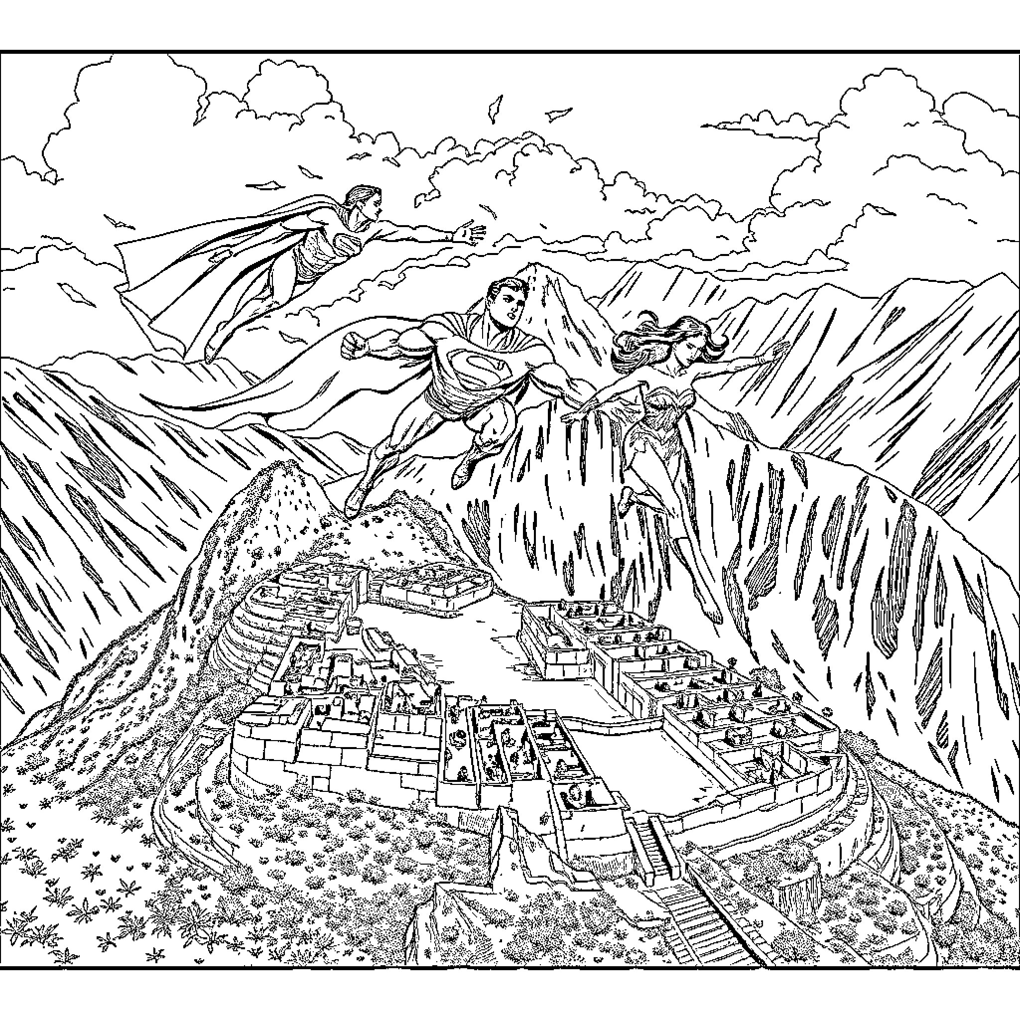 Superman saves village in the mountains Coloring Page (free black-and-white line drawing printable PDF for all, from beginners to advanced learners, including children, teens, adults, and seniors)