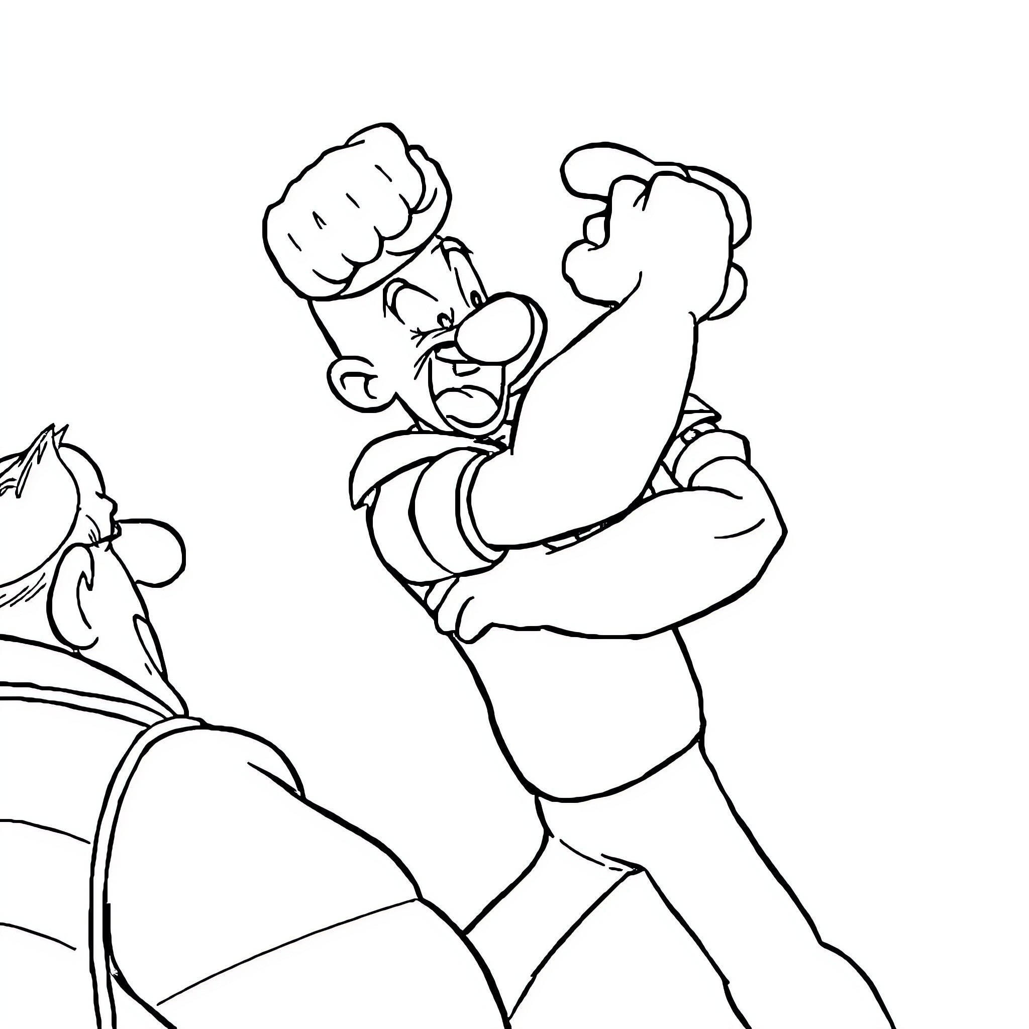 Popeye flexing his muscles in determined stance Coloring Page (free black-and-white line drawing printable PDF for all, from beginners to advanced learners, including children, teens, adults, and seniors)