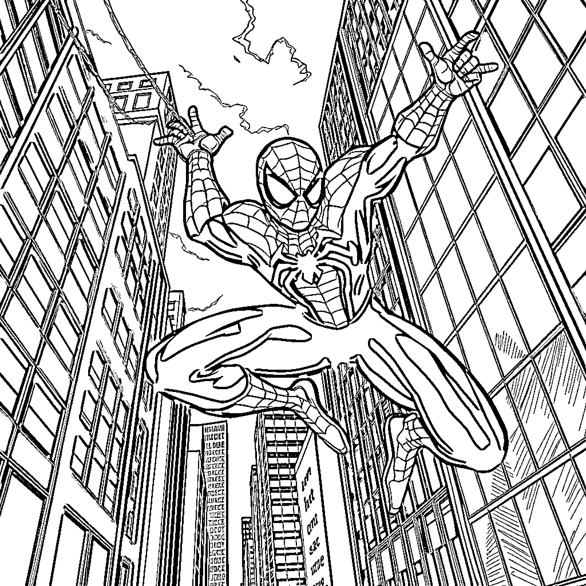Spiderman swinging through the city skyline Coloring Page (free black-and-white line drawing printable PDF for all, from beginners to advanced learners, including children, teens, adults, and seniors)