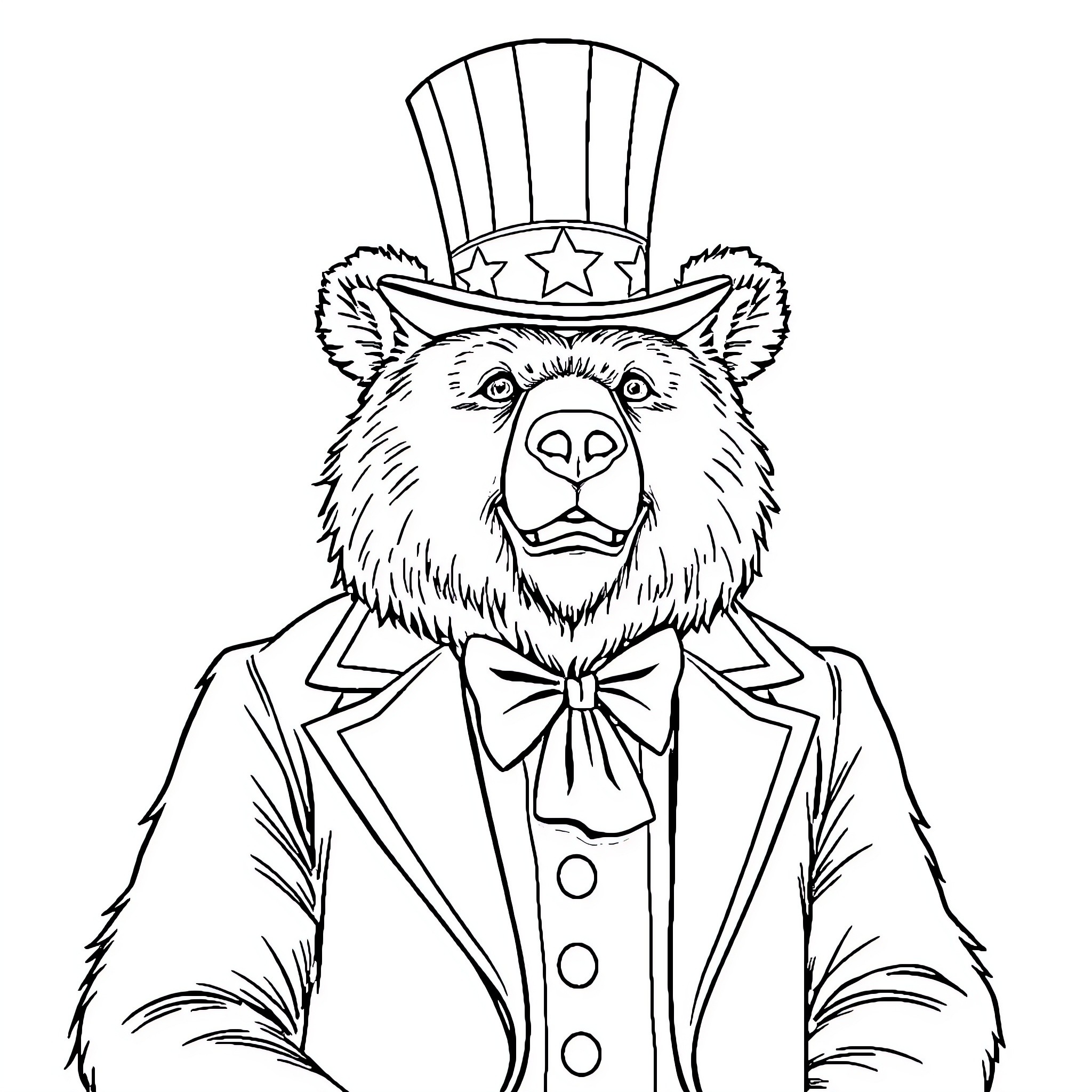 Bear wearing patriotic top hat and suit Coloring Page (free black-and-white line drawing printable PDF for all, from beginners to advanced learners, including children, teens, adults, and seniors)