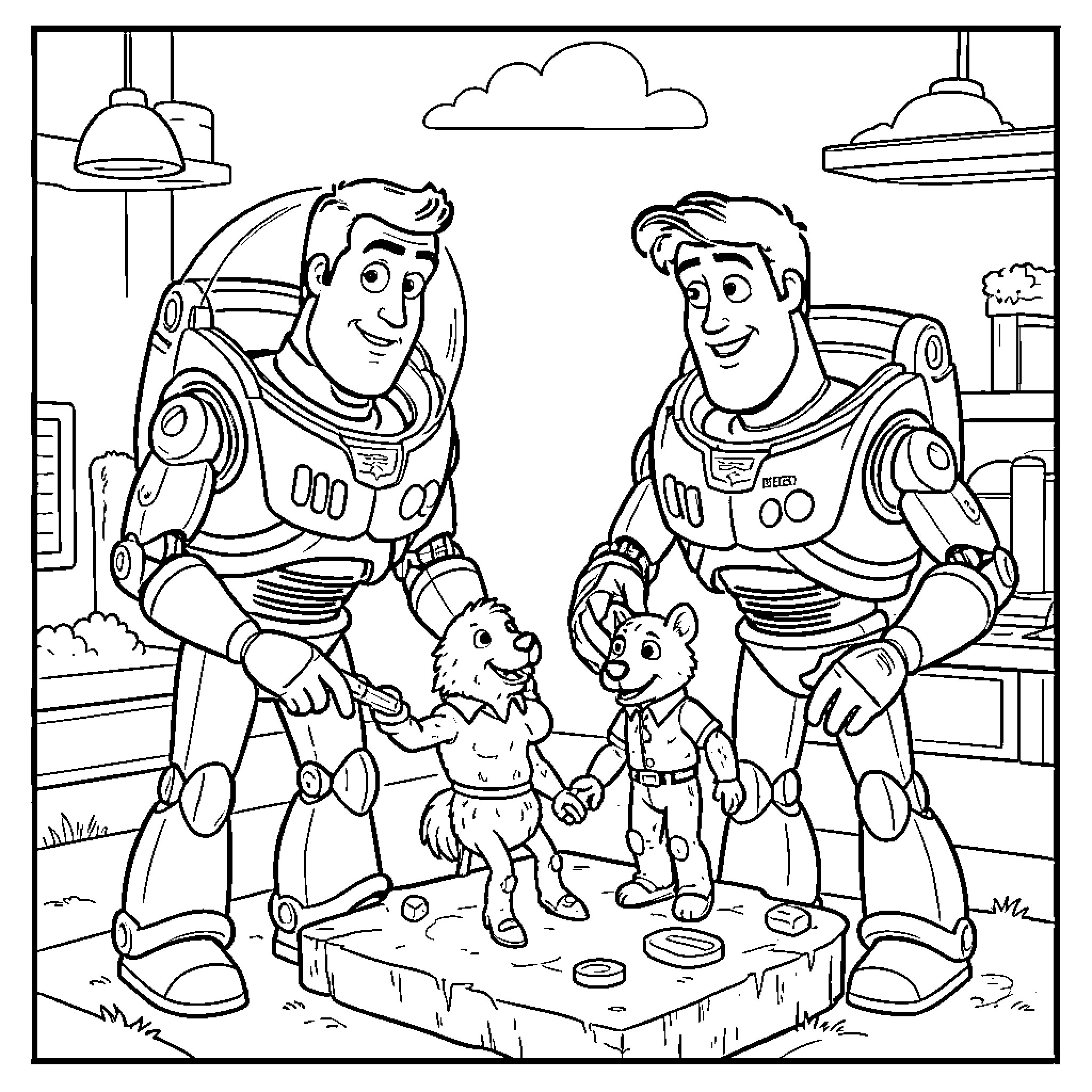 Woody and Buzz Lightyear watching small animals play Coloring Page (free black-and-white line drawing printable PDF for all, from beginners to advanced learners, including children, teens, adults, and seniors)