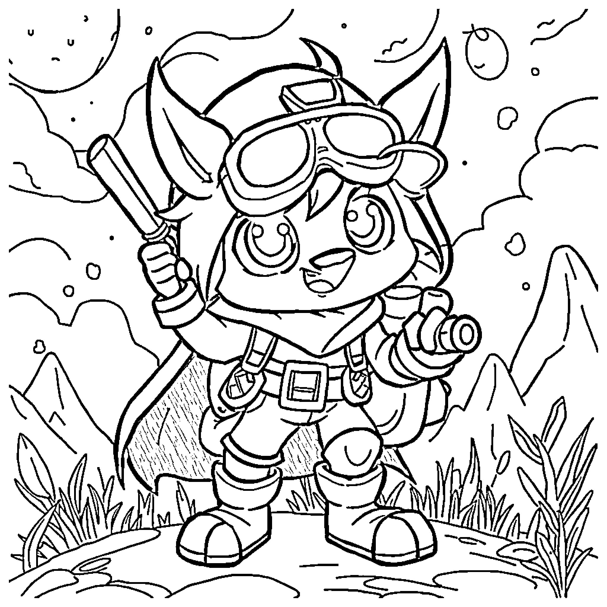 Huntrix on a wild adventure Coloring Page (free black-and-white line drawing printable PDF for all, from beginners to advanced learners, including children, teens, adults, and seniors)