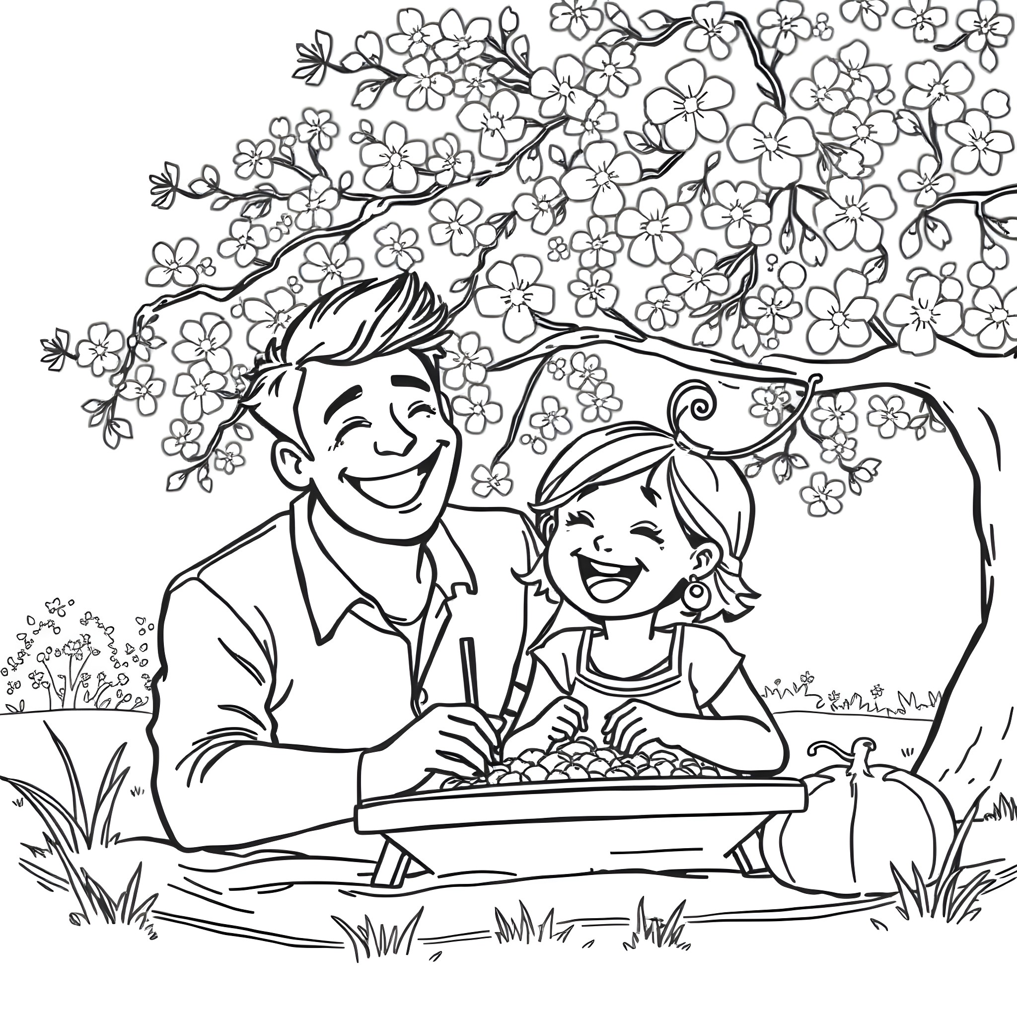 Person with child enjoying nature under blooming tree Coloring Page (free black-and-white line drawing printable PDF for all, from beginners to advanced learners, including children, teens, adults, and seniors)