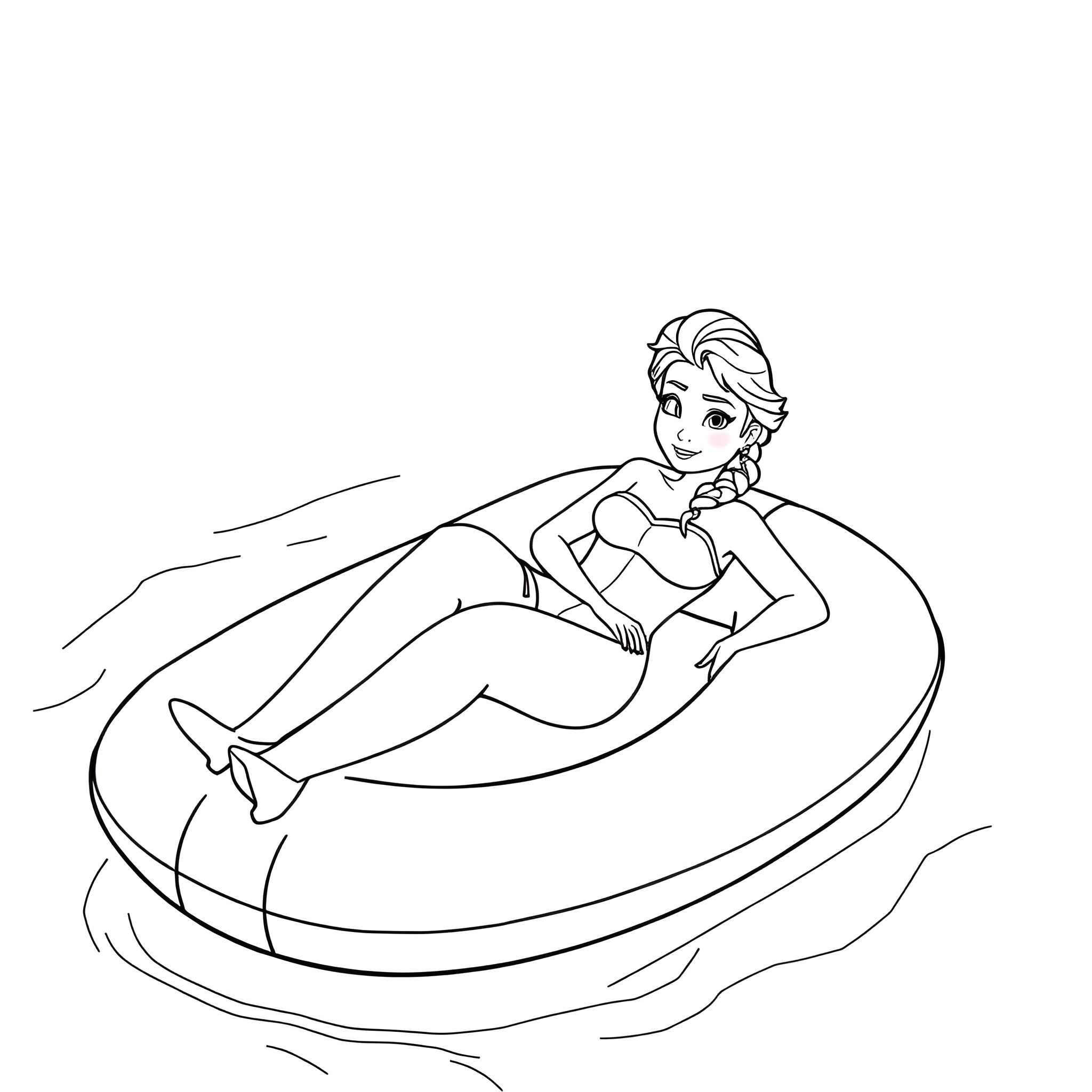 Elsa relaxing in a inflatable pool Coloring Page (free black-and-white line drawing printable PDF for all, from beginners to advanced learners, including children, teens, adults, and seniors)