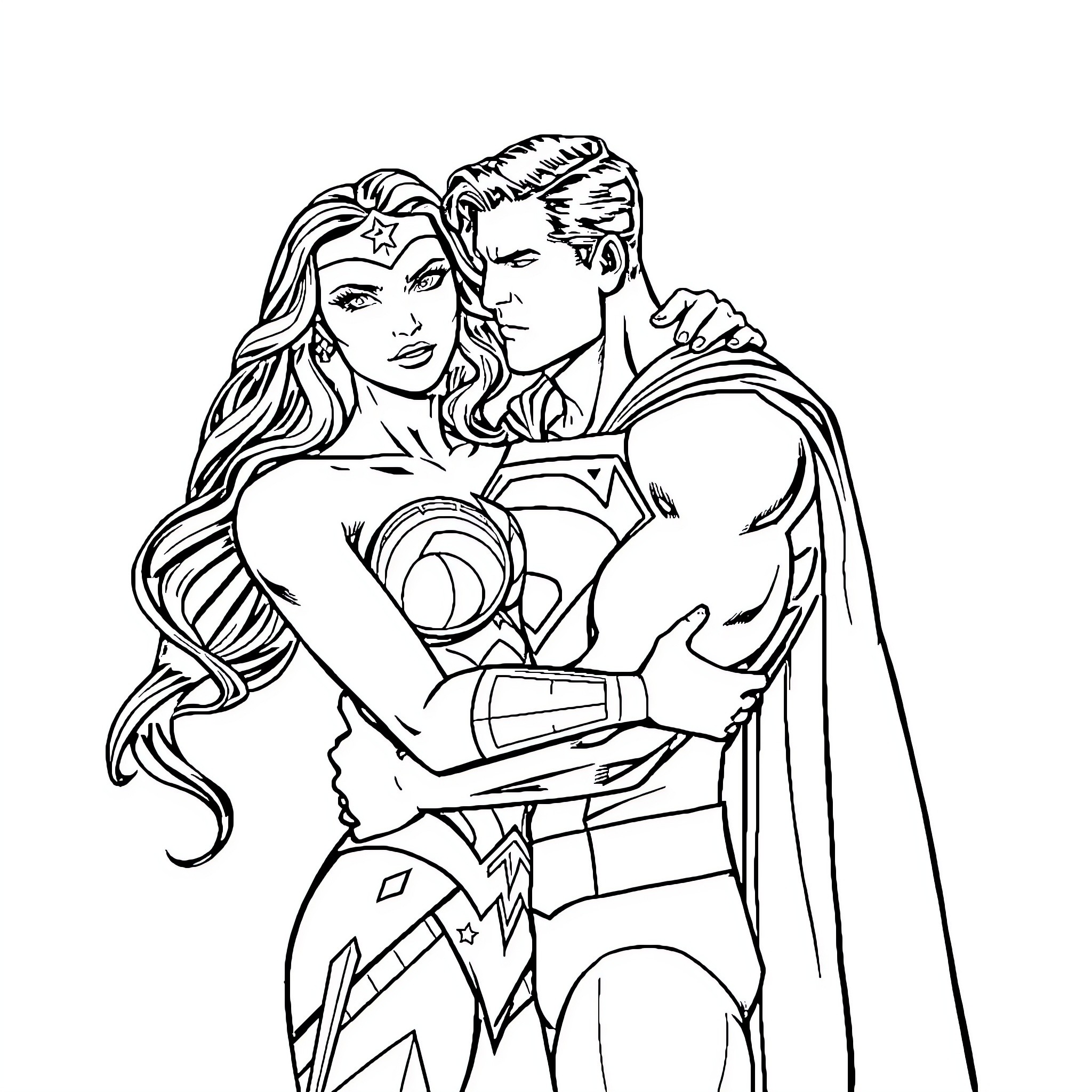 Wonder Woman and her heroic partner in action Coloring Page (free black-and-white line drawing printable PDF for all, from beginners to advanced learners, including children, teens, adults, and seniors)