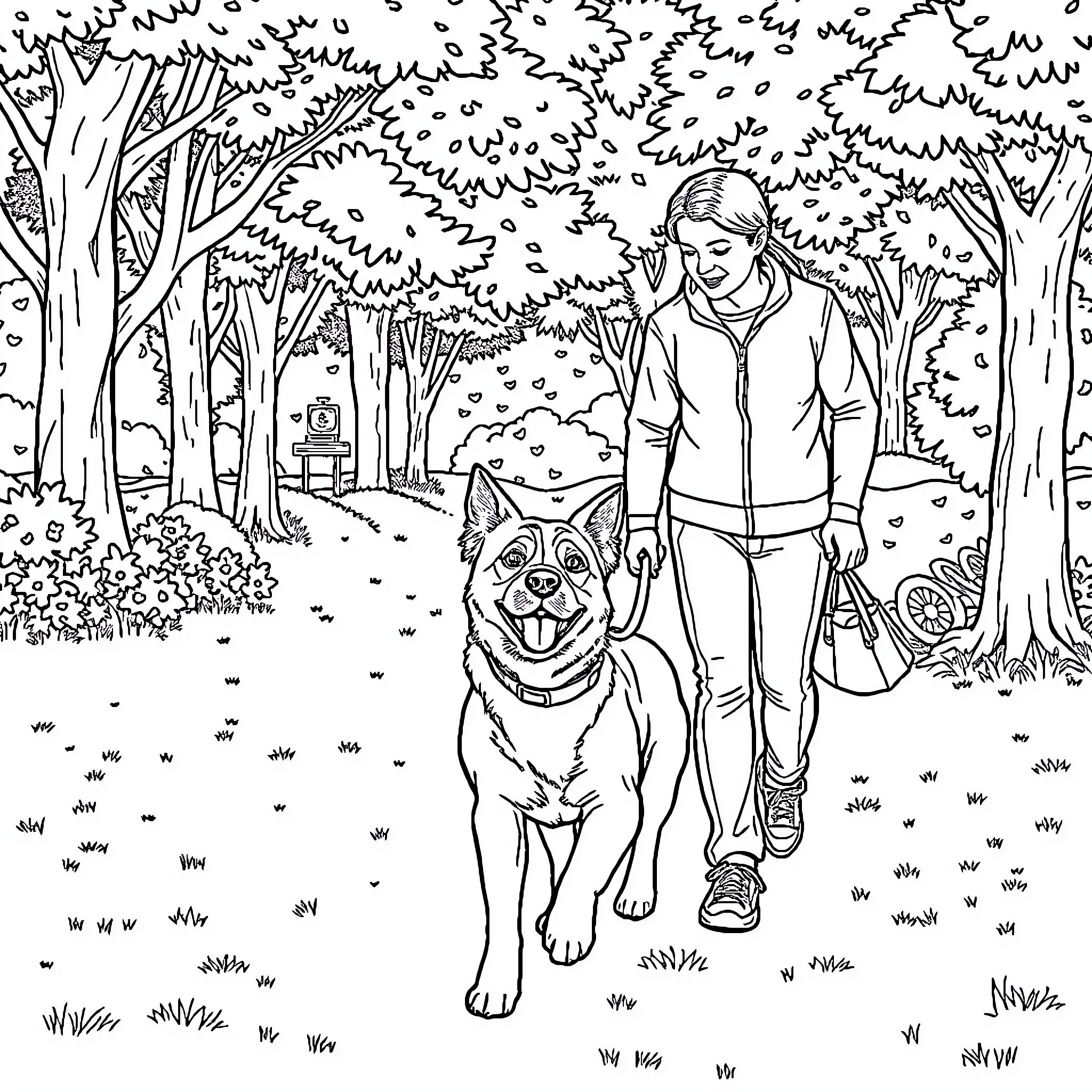 Dog walking happily with owner in the forest Coloring Page (free black-and-white line drawing printable PDF for all, from beginners to advanced learners, including children, teens, adults, and seniors)