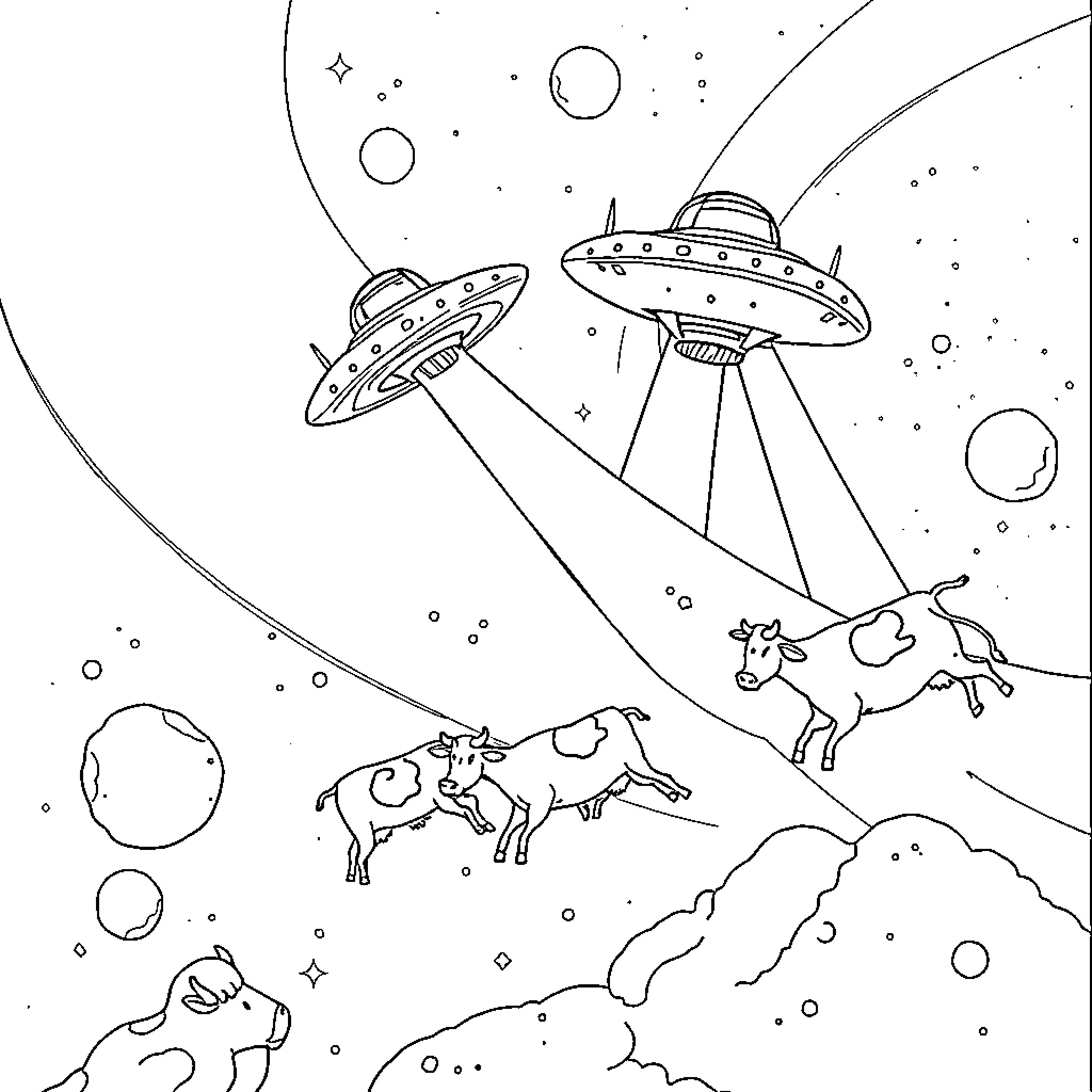 Flying Saucer Abducting Cows from Cosmic Landscape Coloring Page (free black-and-white line drawing printable PDF for all, from beginners to advanced learners, including children, teens, adults, and seniors)