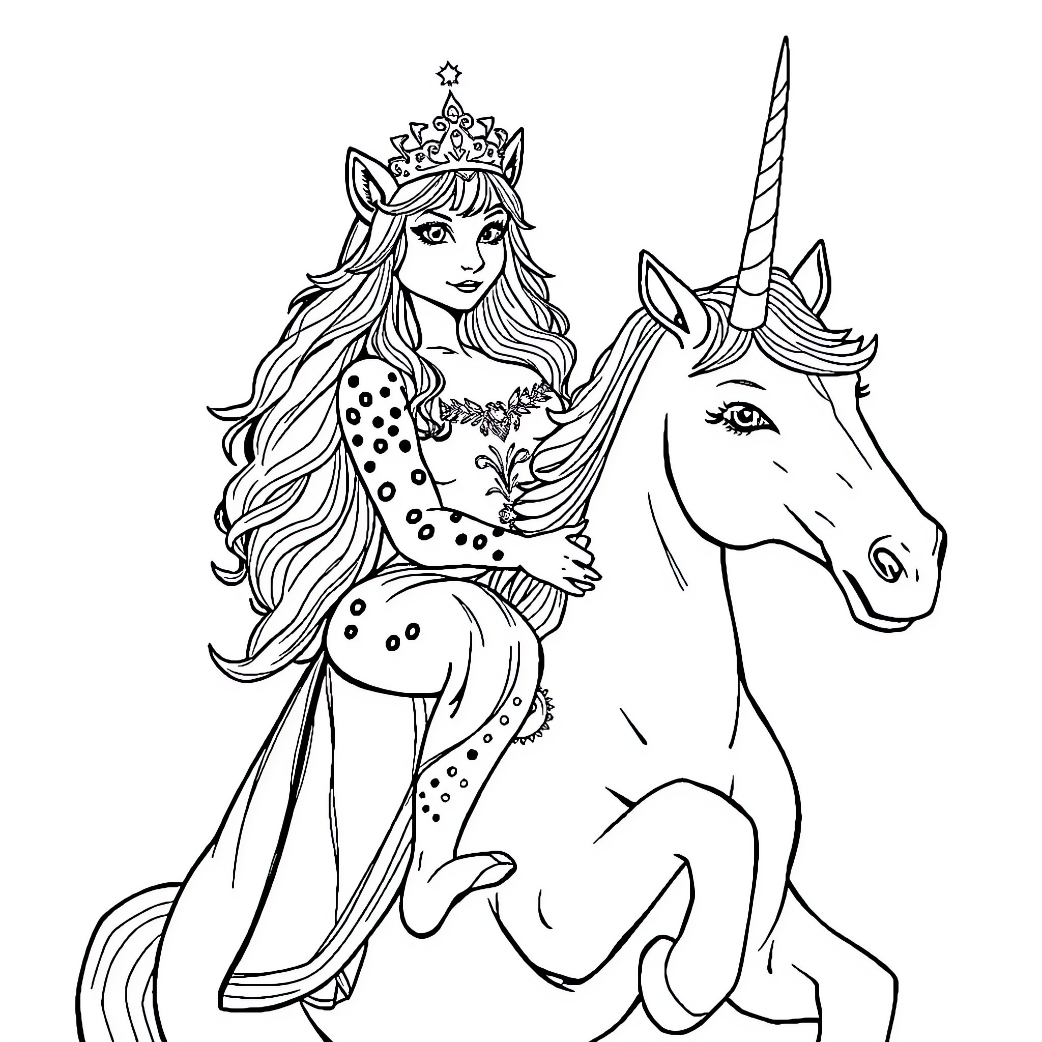 Cougar Princess Riding a Magical Unicorn Coloring Page (free black-and-white line drawing printable PDF for all, from beginners to advanced learners, including children, teens, adults, and seniors)