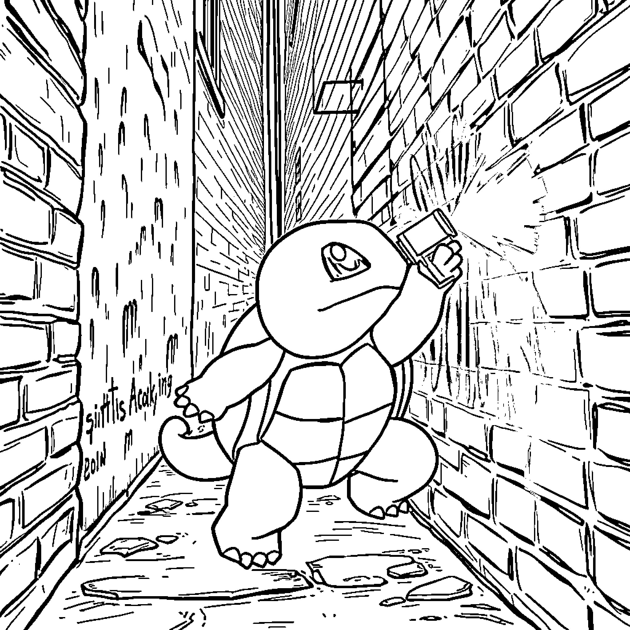 Squirtle breaking through brick wall Coloring Page (free black-and-white line drawing printable PDF for all, from beginners to advanced learners, including children, teens, adults, and seniors)