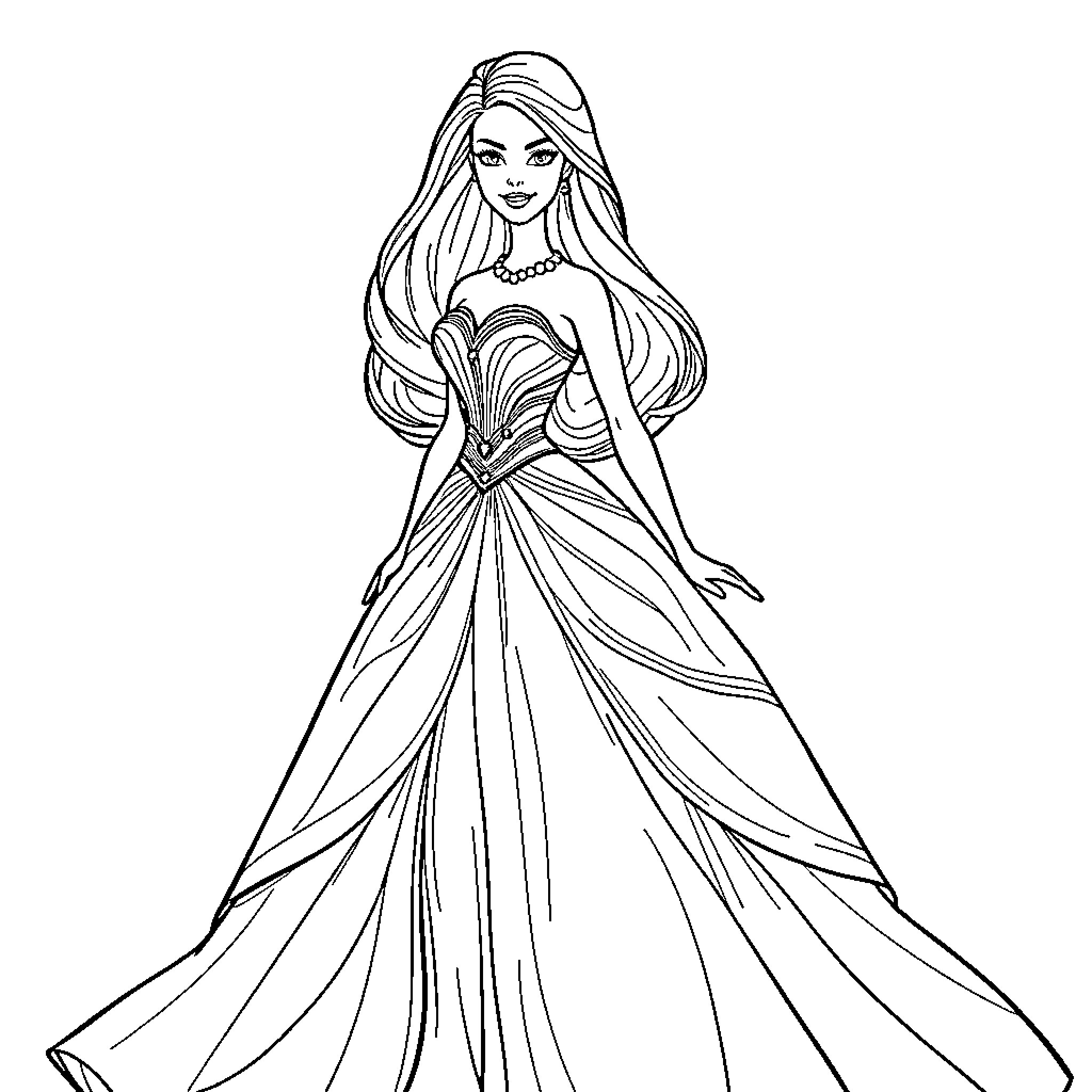 Barbie in a Formal Gown Posing Gracefully Coloring Page (free black-and-white line drawing printable PDF for all, from beginners to advanced learners, including children, teens, adults, and seniors)