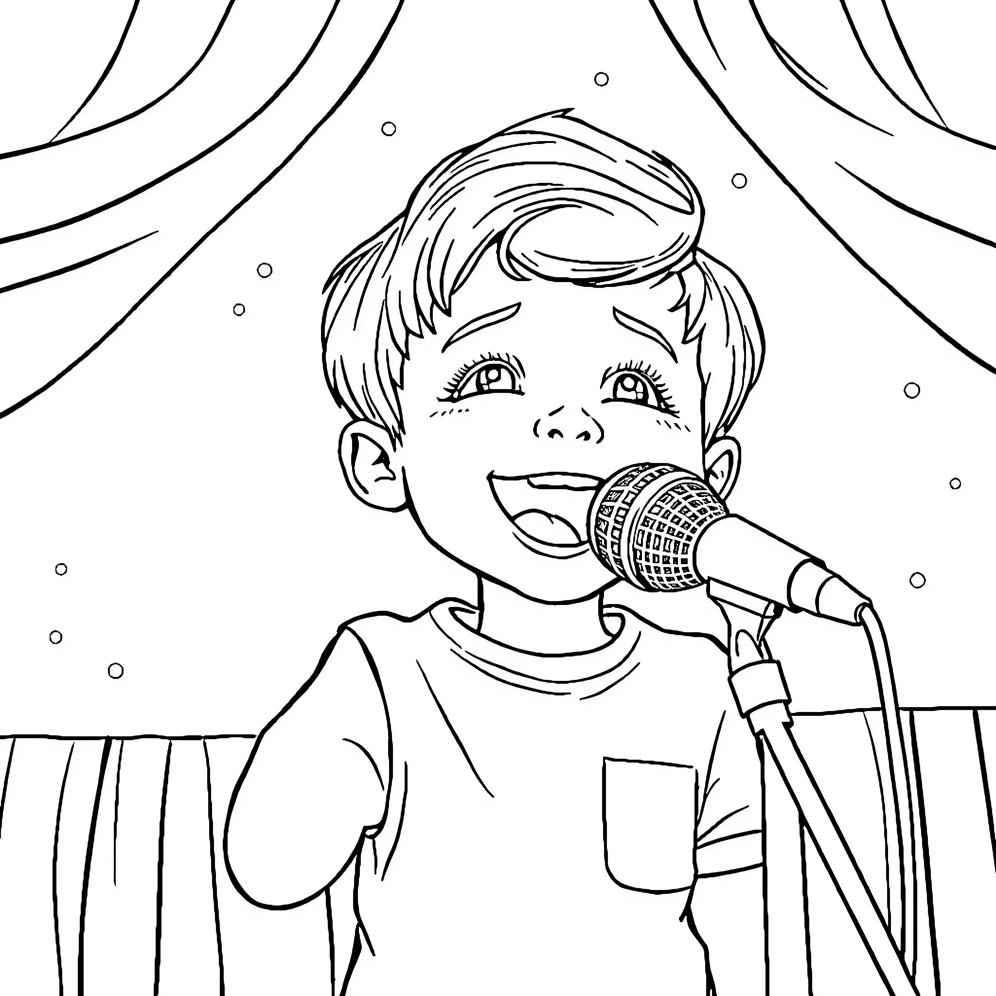 Boy singing on stage with microphone Coloring Page (free black-and-white line drawing printable PDF for all, from beginners to advanced learners, including children, teens, adults, and seniors)