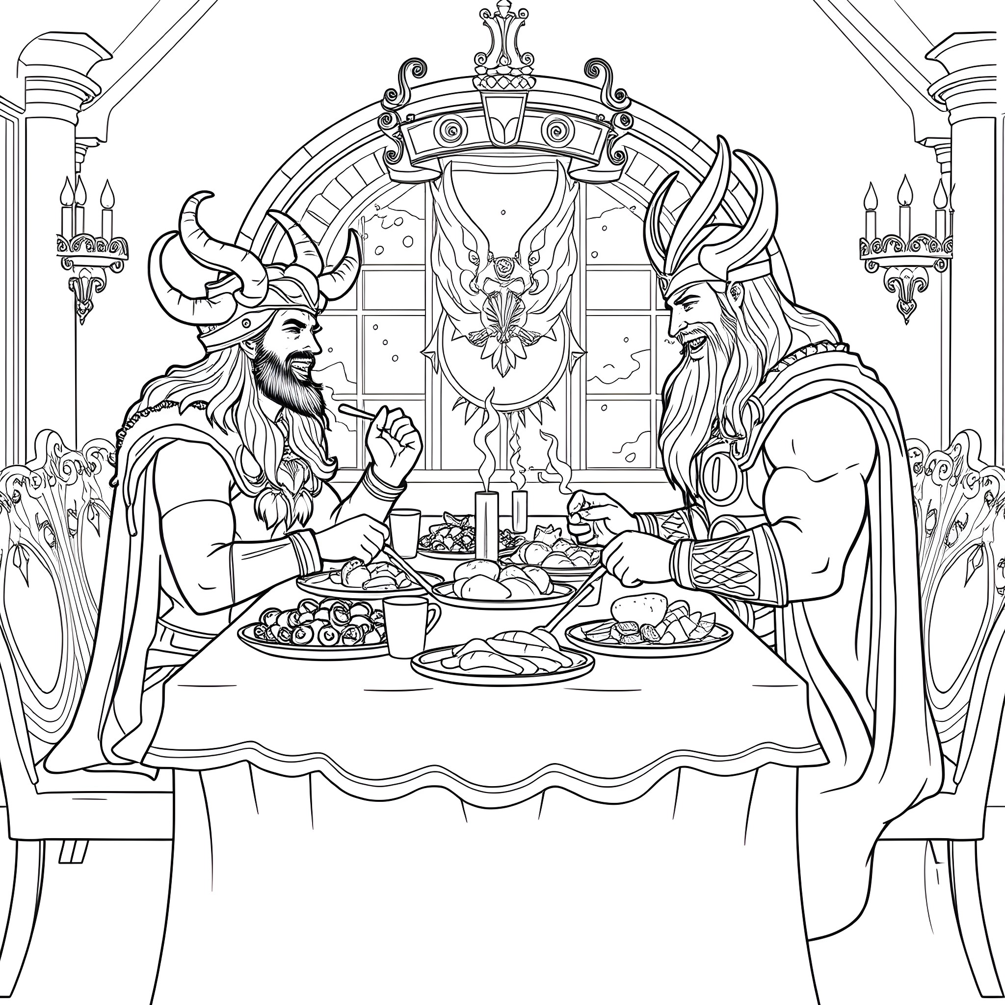 Loki's Feast with Asgardian Deities Coloring Page (free black-and-white line drawing printable PDF for all, from beginners to advanced learners, including children, teens, adults, and seniors)