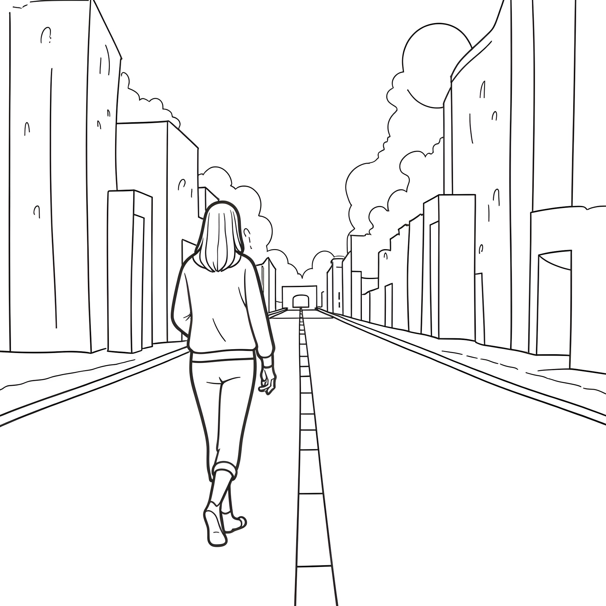 Sun Shines on City Street with Lone Figure Coloring Page (free black-and-white line drawing printable PDF for all, from beginners to advanced learners, including children, teens, adults, and seniors)