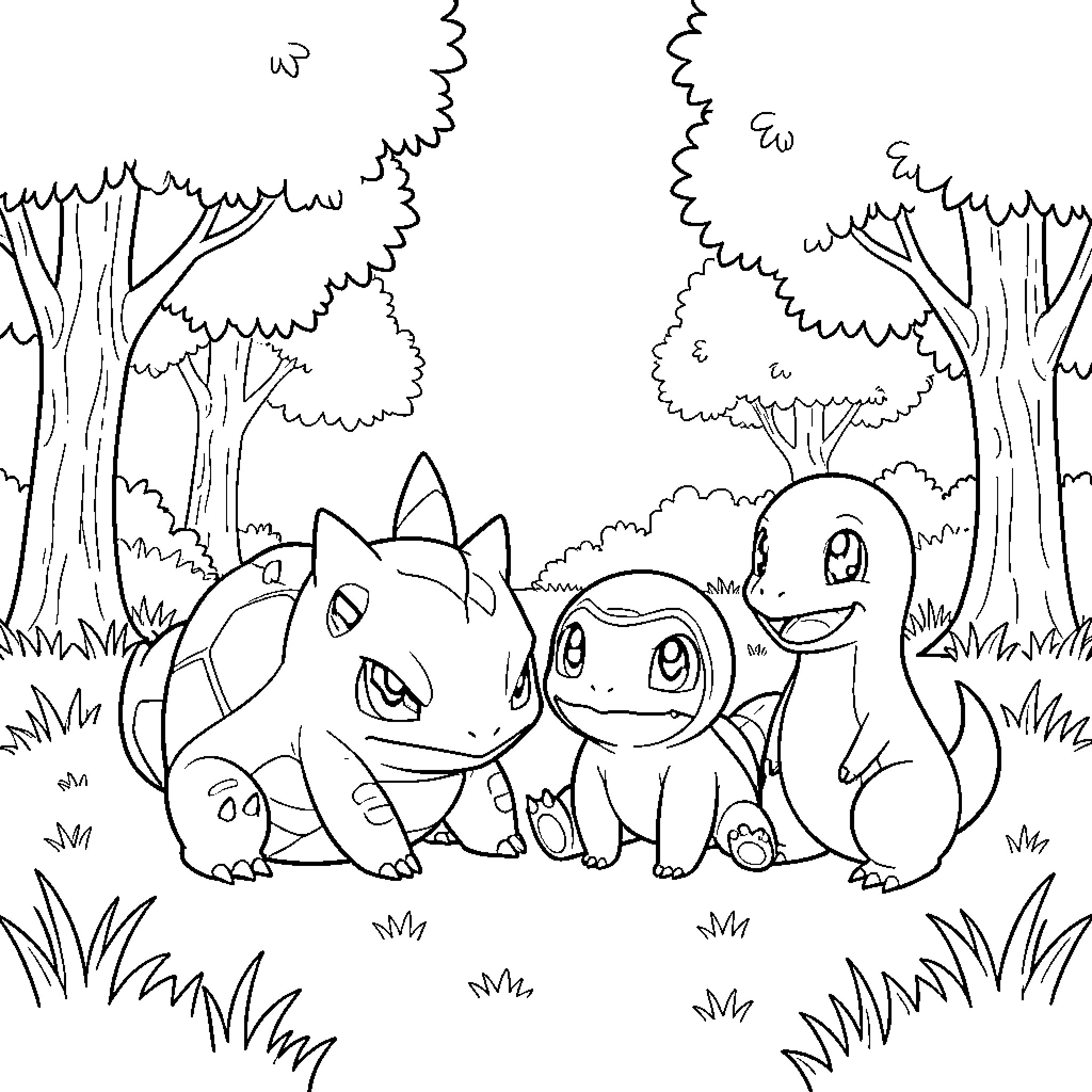 Pokémon gathering together in a forest clearing Coloring Page (free black-and-white line drawing printable PDF for all, from beginners to advanced learners, including children, teens, adults, and seniors)