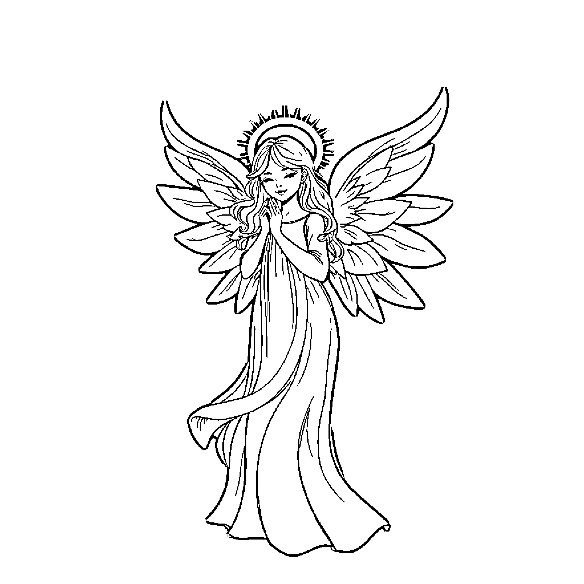 Angel with Flowing Dress and Wings Coloring Page (free black-and-white line drawing printable PDF for all, from beginners to advanced learners, including children, teens, adults, and seniors)