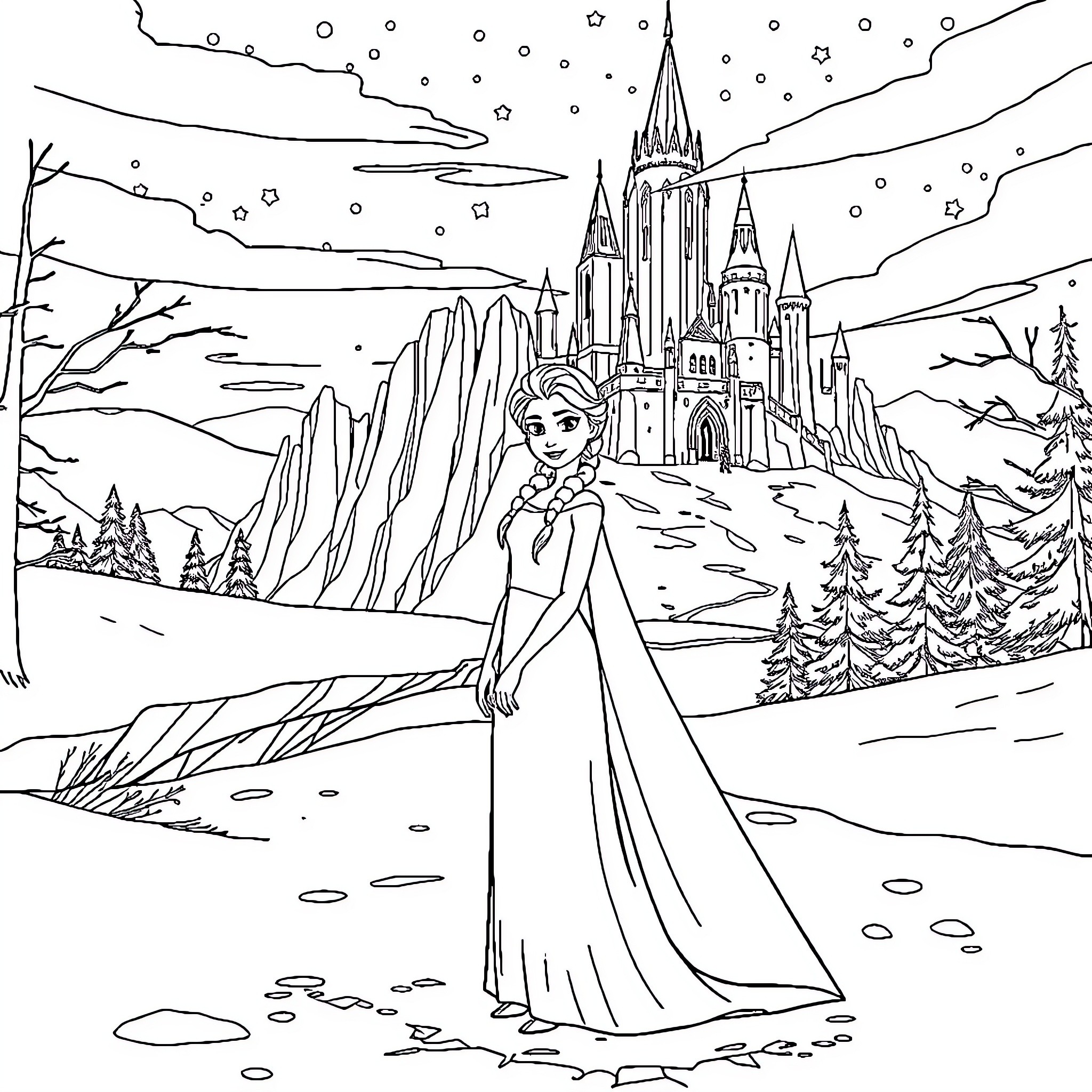 Elsa standing in a snowy winter wonderland Coloring Page (free black-and-white line drawing printable PDF for all, from beginners to advanced learners, including children, teens, adults, and seniors)