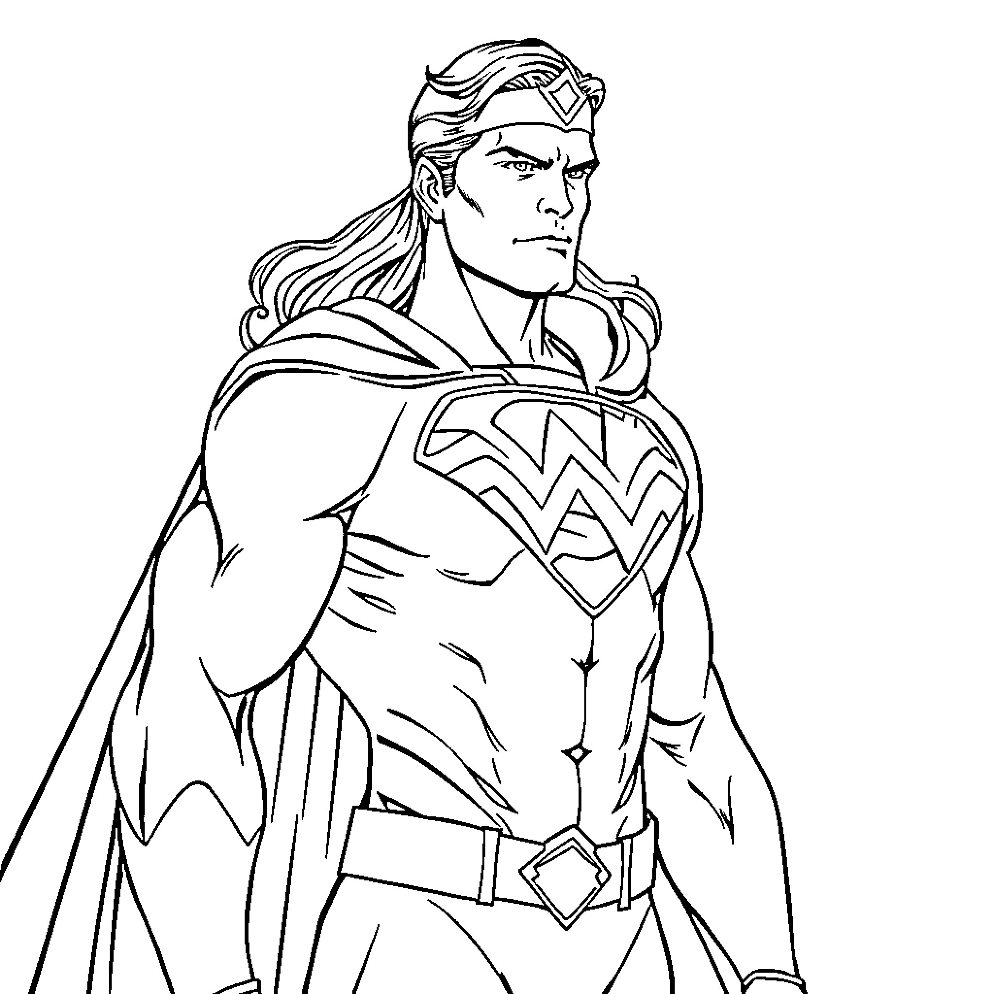 Superman in heroic pose with determined expression Coloring Page (free black-and-white line drawing printable PDF for all, from beginners to advanced learners, including children, teens, adults, and seniors)