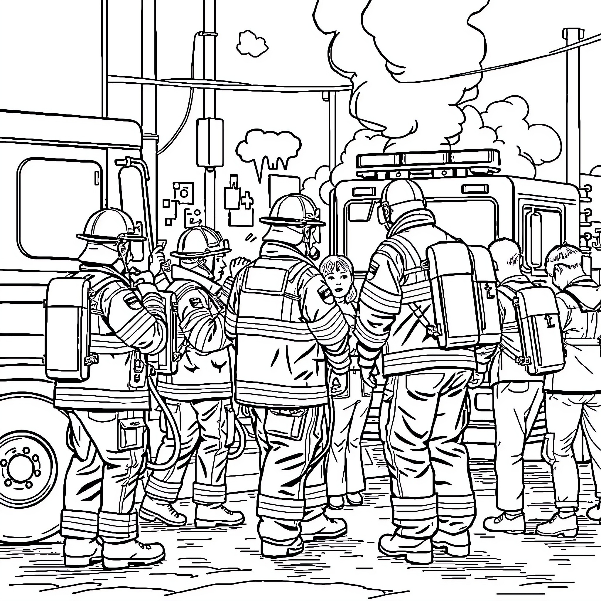 Responder Firefighters Battling Blaze at Urban Scene Coloring Page (free black-and-white line drawing printable PDF for all, from beginners to advanced learners, including children, teens, adults, and seniors)