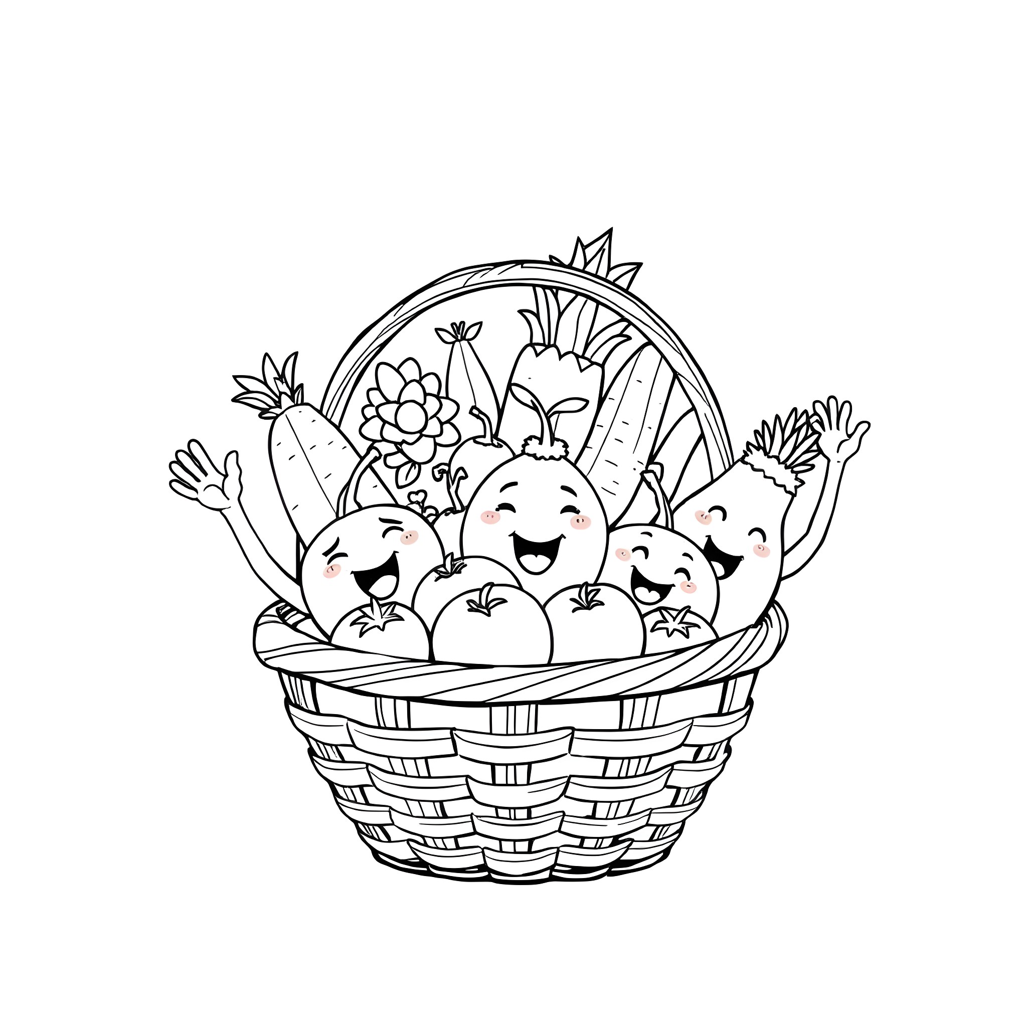 Fruit and Vegetable Characters Joyfully in a Basket Coloring Page (free black-and-white line drawing printable PDF for all, from beginners to advanced learners, including children, teens, adults, and seniors)