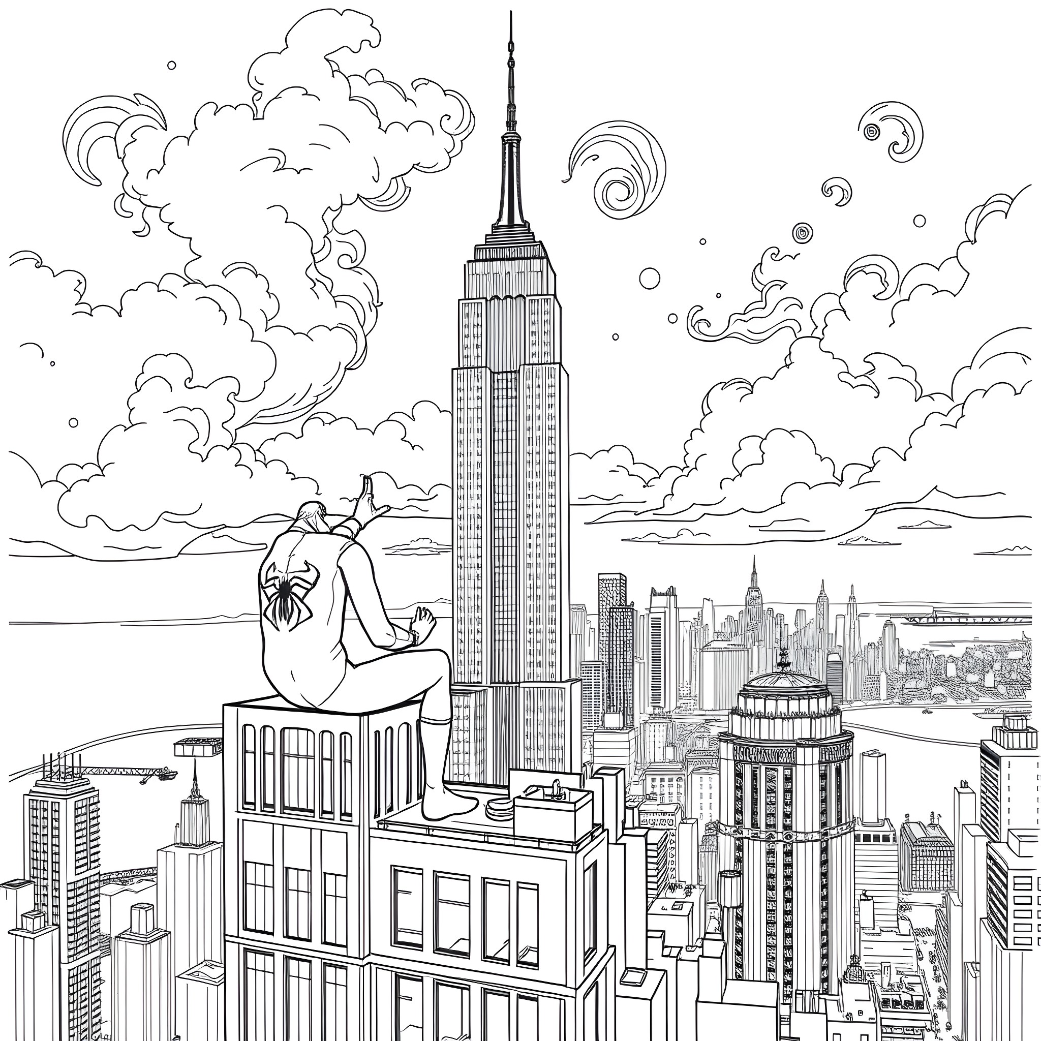 Spider-Man swinging through the bustling New York City skyline Coloring Page (free black-and-white line drawing printable PDF for all, from beginners to advanced learners, including children, teens, adults, and seniors)