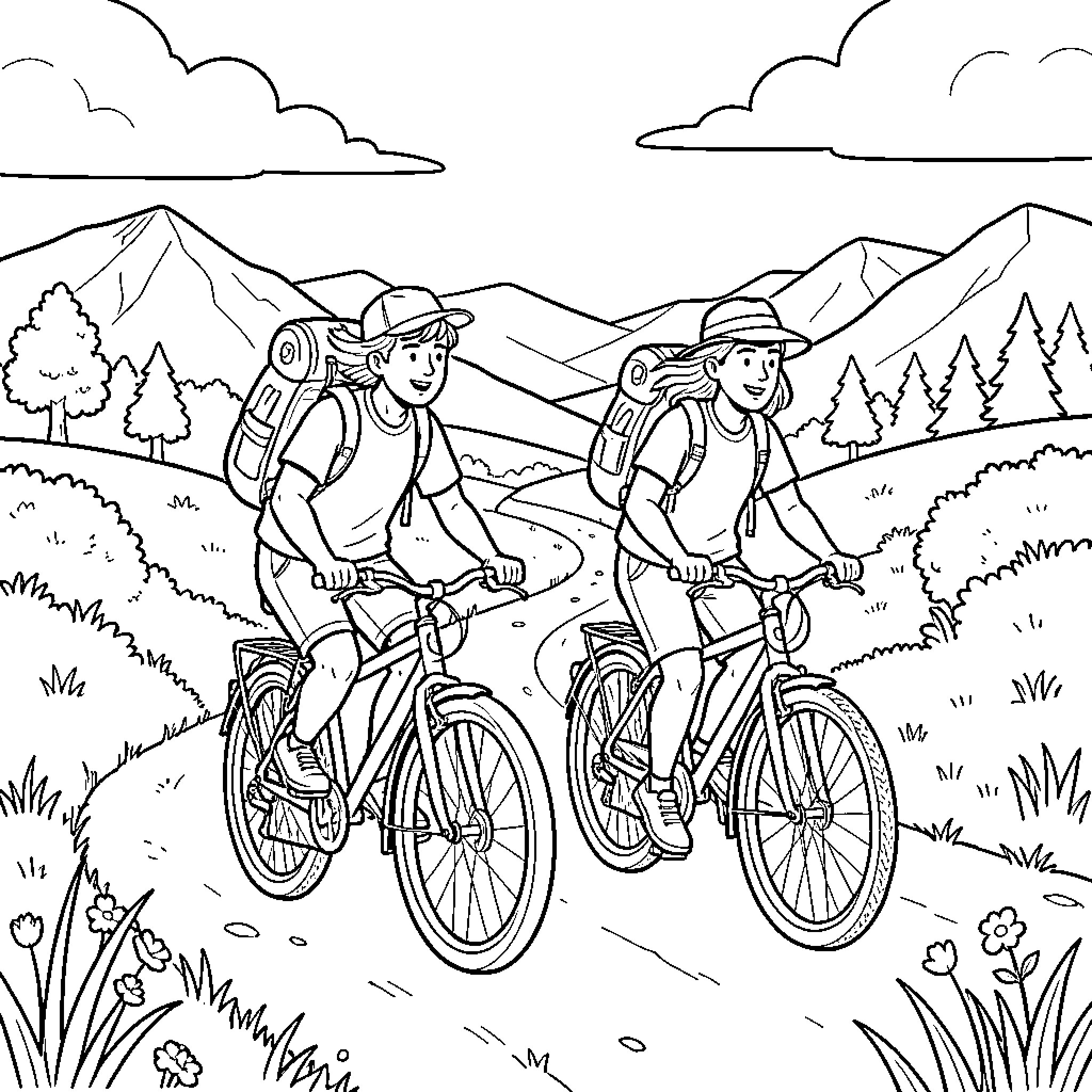 Bike ride in the scenic mountain landscape Coloring Page (free black-and-white line drawing printable PDF for all, from beginners to advanced learners, including children, teens, adults, and seniors)