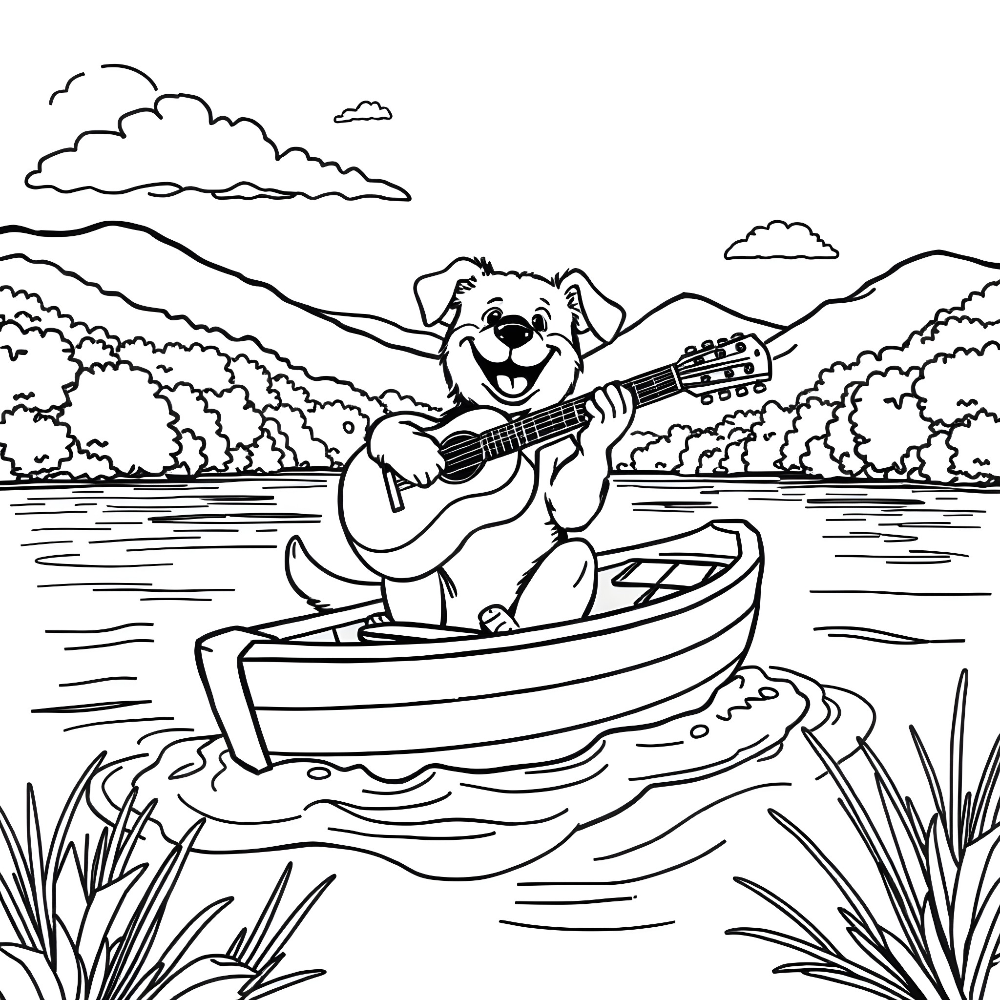 Dog playing guitar in a boat on the lake Coloring Page (free black-and-white line drawing printable PDF for all, from beginners to advanced learners, including children, teens, adults, and seniors)