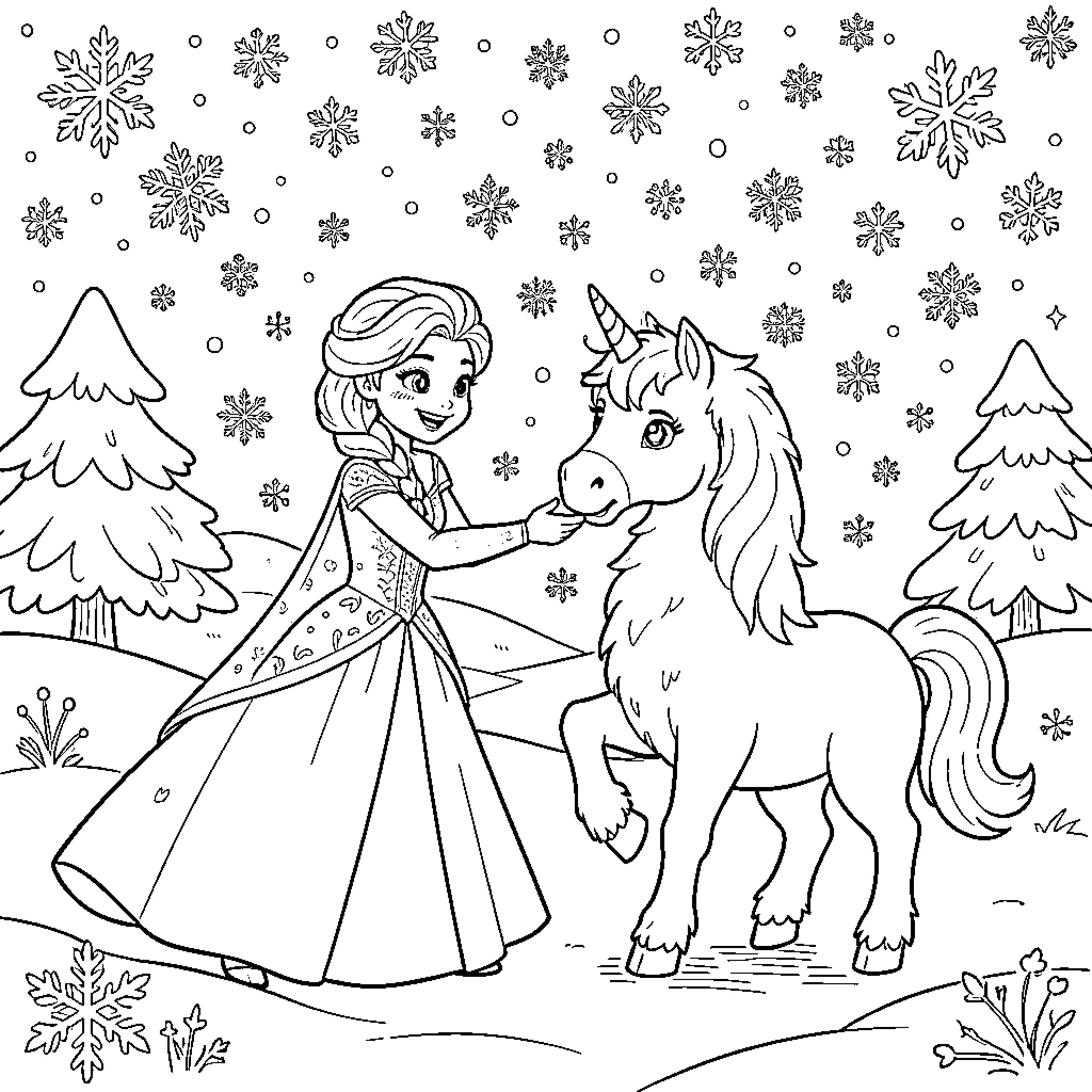 Elsa interacting gently with a magical unicorn in snow Coloring Page (free black-and-white line drawing printable PDF for all, from beginners to advanced learners, including children, teens, adults, and seniors)