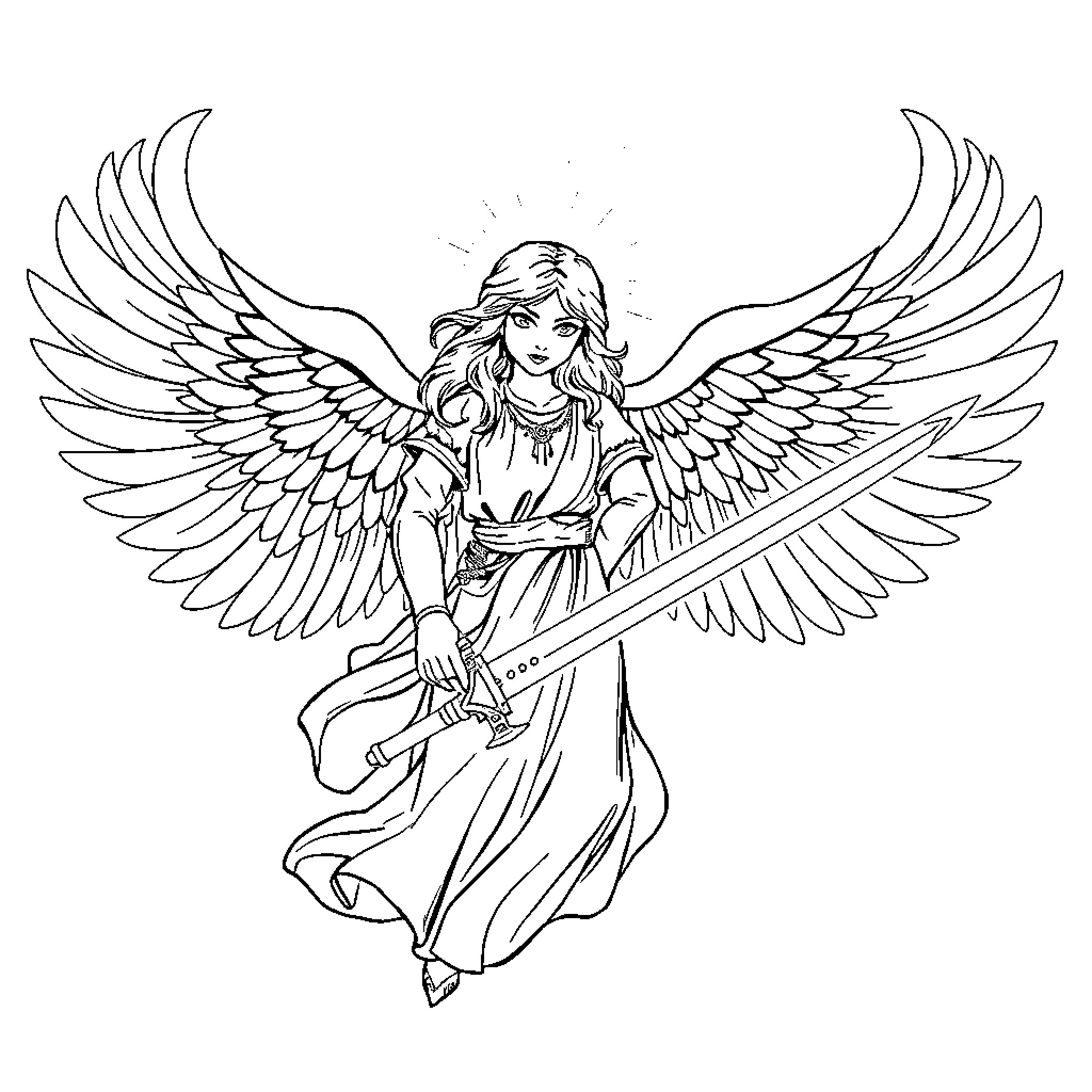 Angel wielding a sword with outstretched wings Coloring Page (free black-and-white line drawing printable PDF for all, from beginners to advanced learners, including children, teens, adults, and seniors)