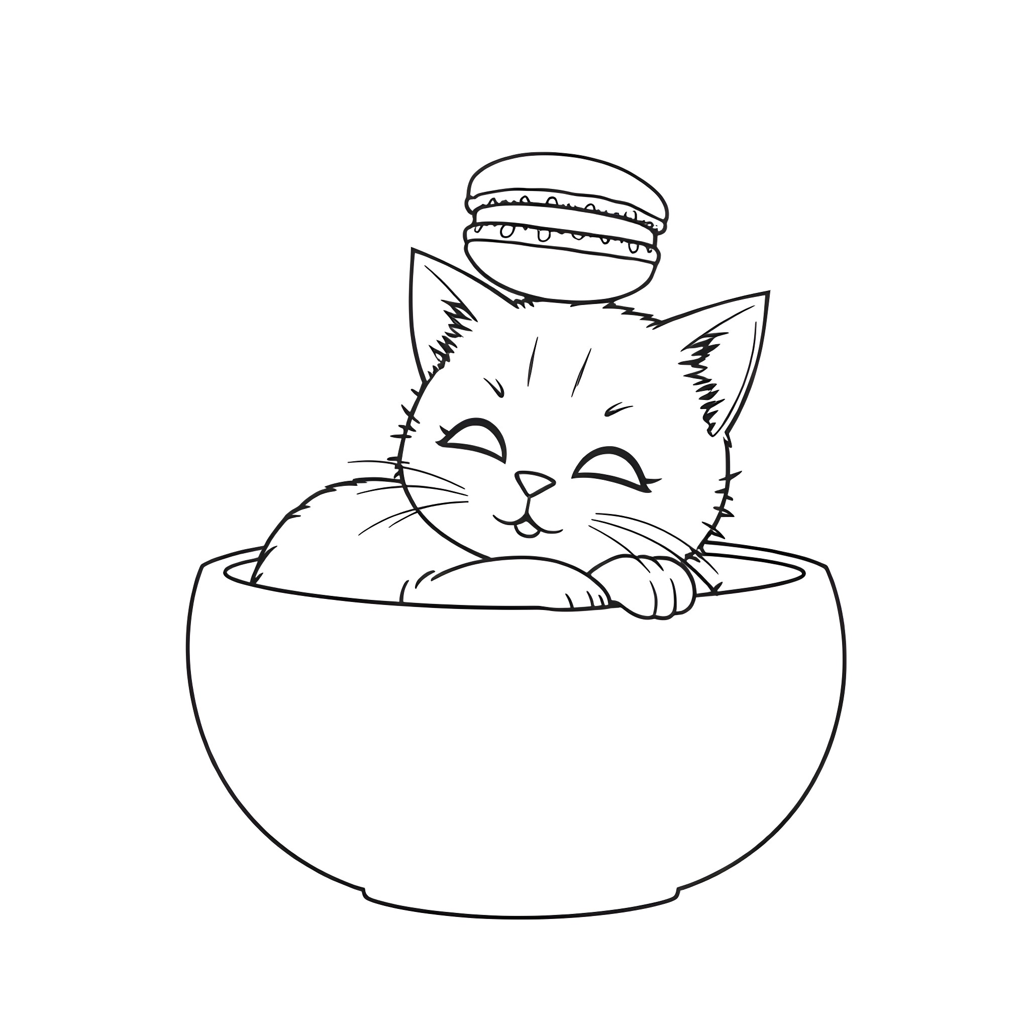 Cat in a Bowl with a Hat Coloring Page (free black-and-white line drawing printable PDF for all, from beginners to advanced learners, including children, teens, adults, and seniors)