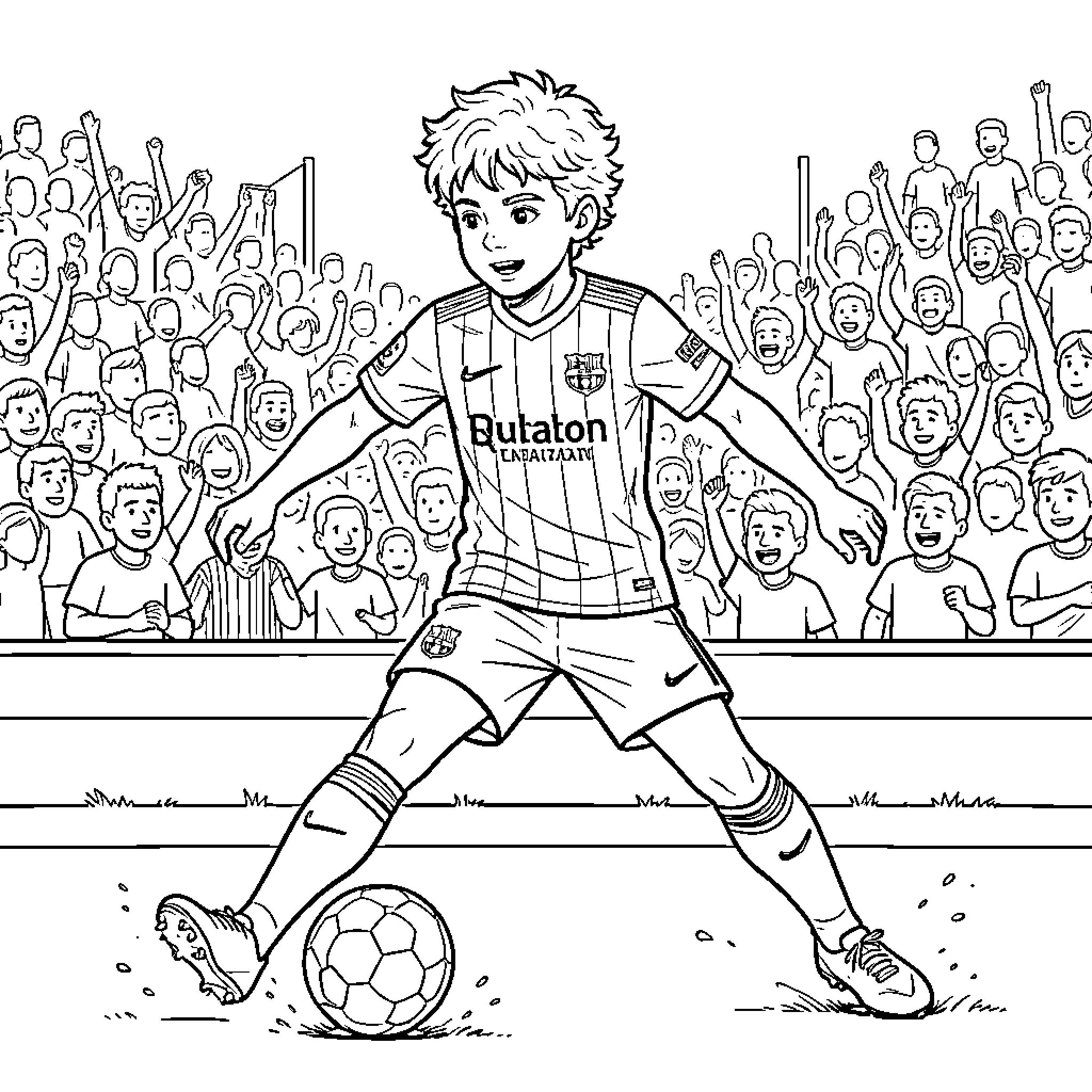 Lamine Yamal dribbling a soccer ball in a stadium Coloring Page (free black-and-white line drawing printable PDF for all, from beginners to advanced learners, including children, teens, adults, and seniors)