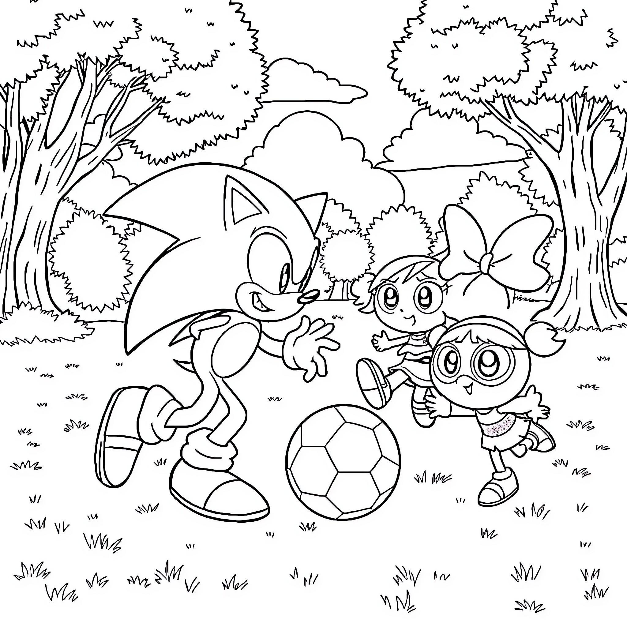 Sonic and friends playing with a soccer ball in the forest Coloring Page (free black-and-white line drawing printable PDF for all, from beginners to advanced learners, including children, teens, adults, and seniors)