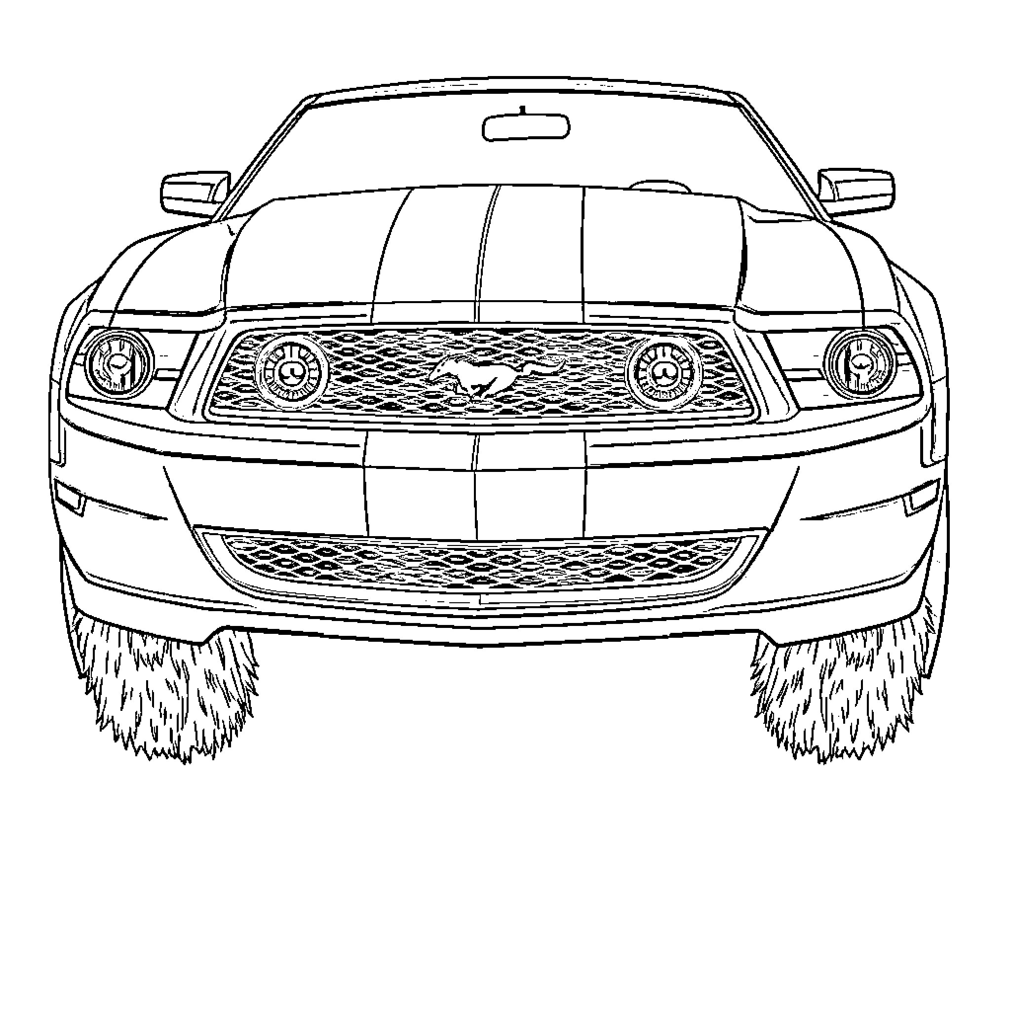 Mustang racing car with unique details Coloring Page (free black-and-white line drawing printable PDF for all, from beginners to advanced learners, including children, teens, adults, and seniors)