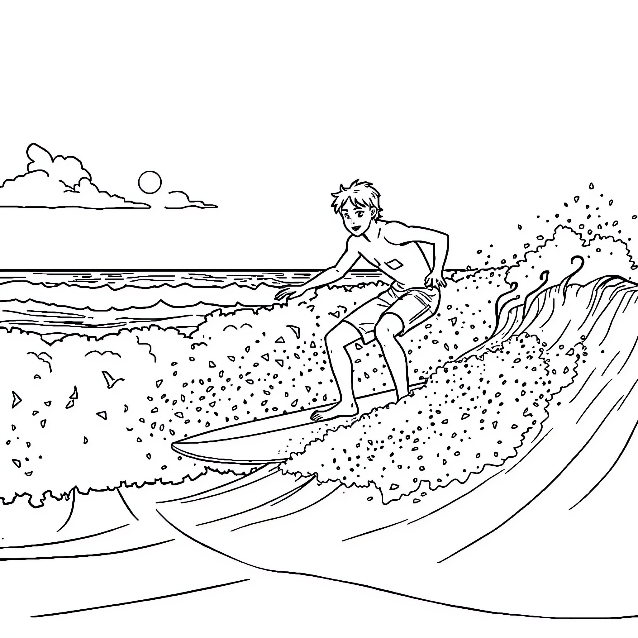 Joe surfing through the waves at the beach Coloring Page (free black-and-white line drawing printable PDF for all, from beginners to advanced learners, including children, teens, adults, and seniors)