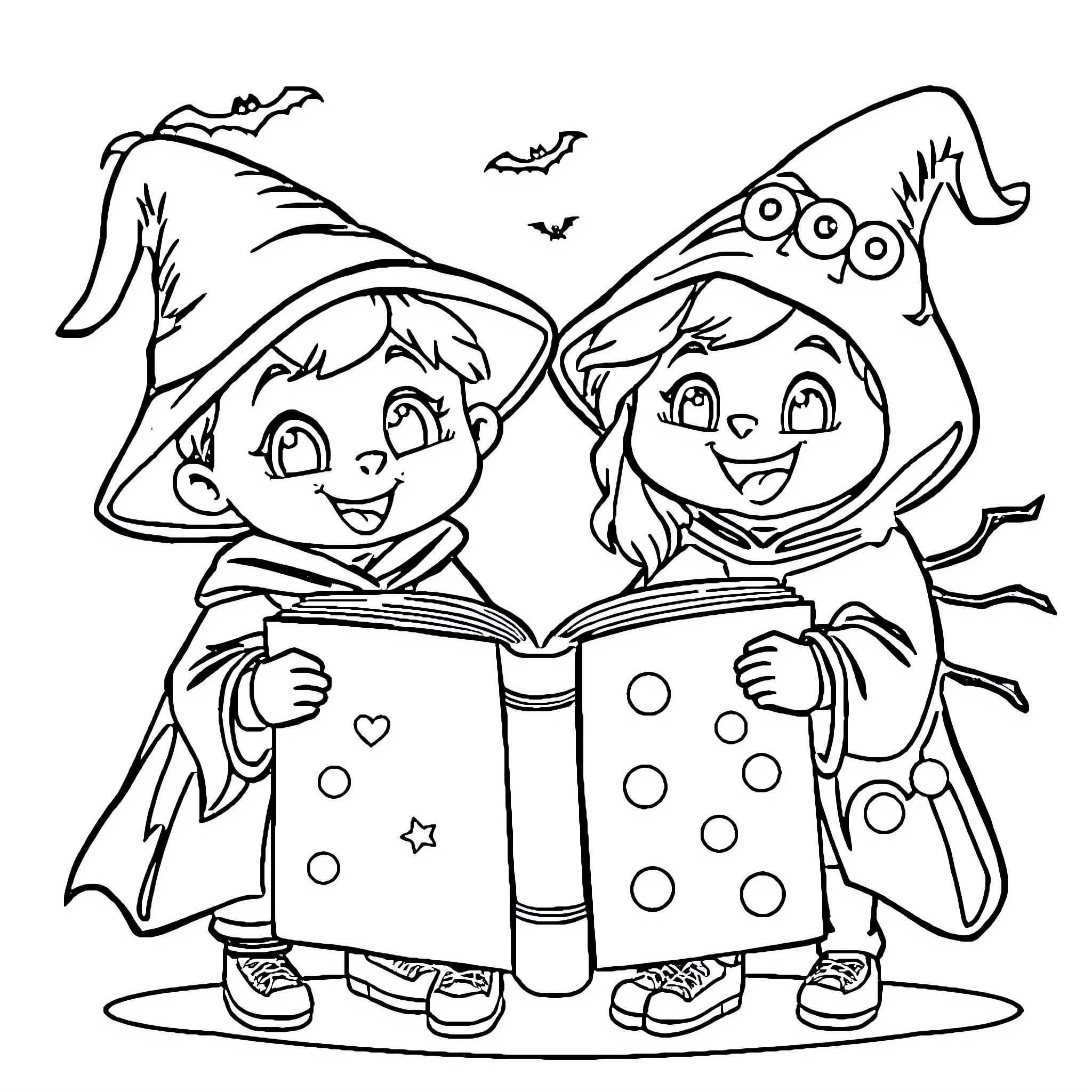 Reader Kids in Witch Costumes Reading Together Coloring Page (free black-and-white line drawing printable PDF for all, from beginners to advanced learners, including children, teens, adults, and seniors)