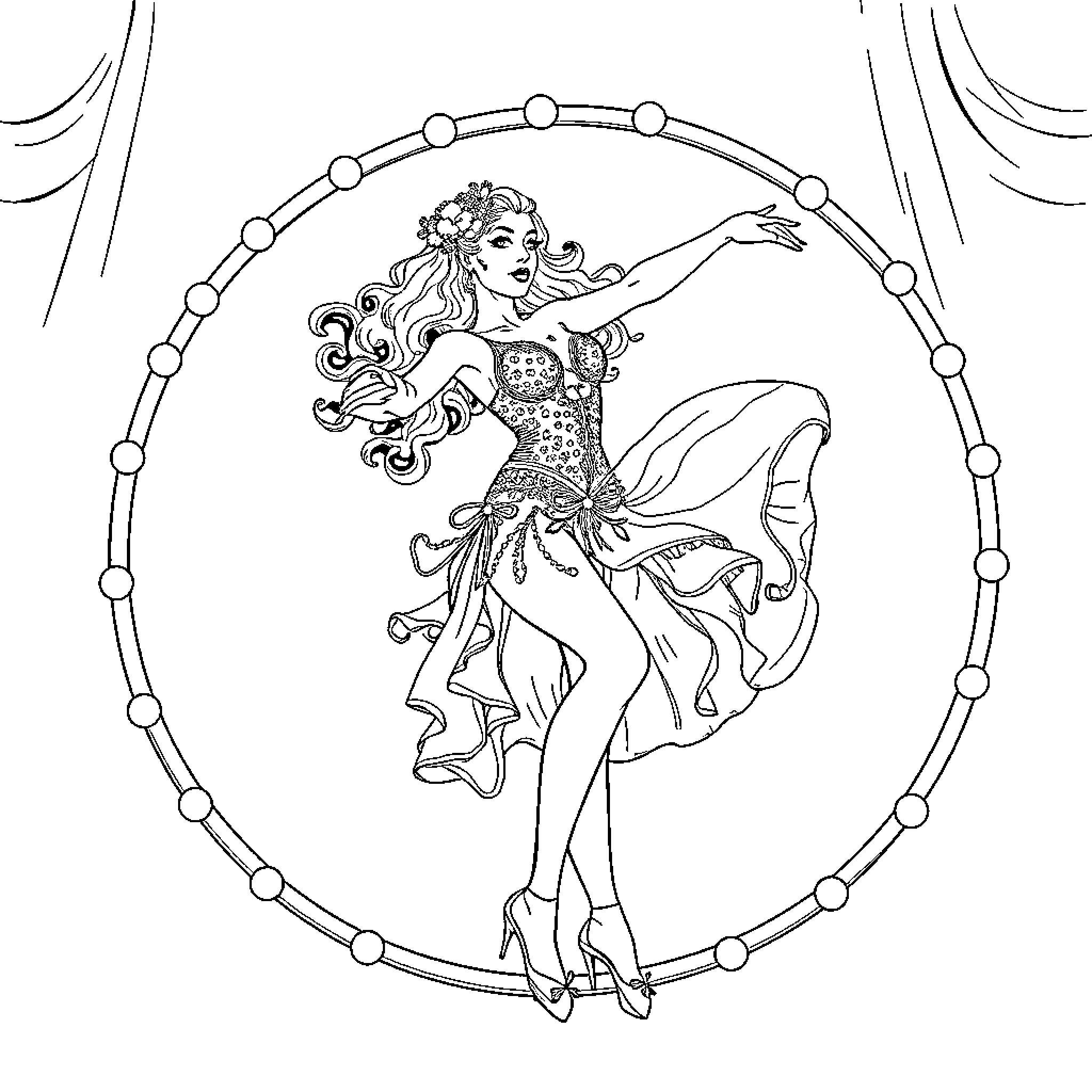Dancer performs elegant routine on stage Coloring Page (free black-and-white line drawing printable PDF for all, from beginners to advanced learners, including children, teens, adults, and seniors)