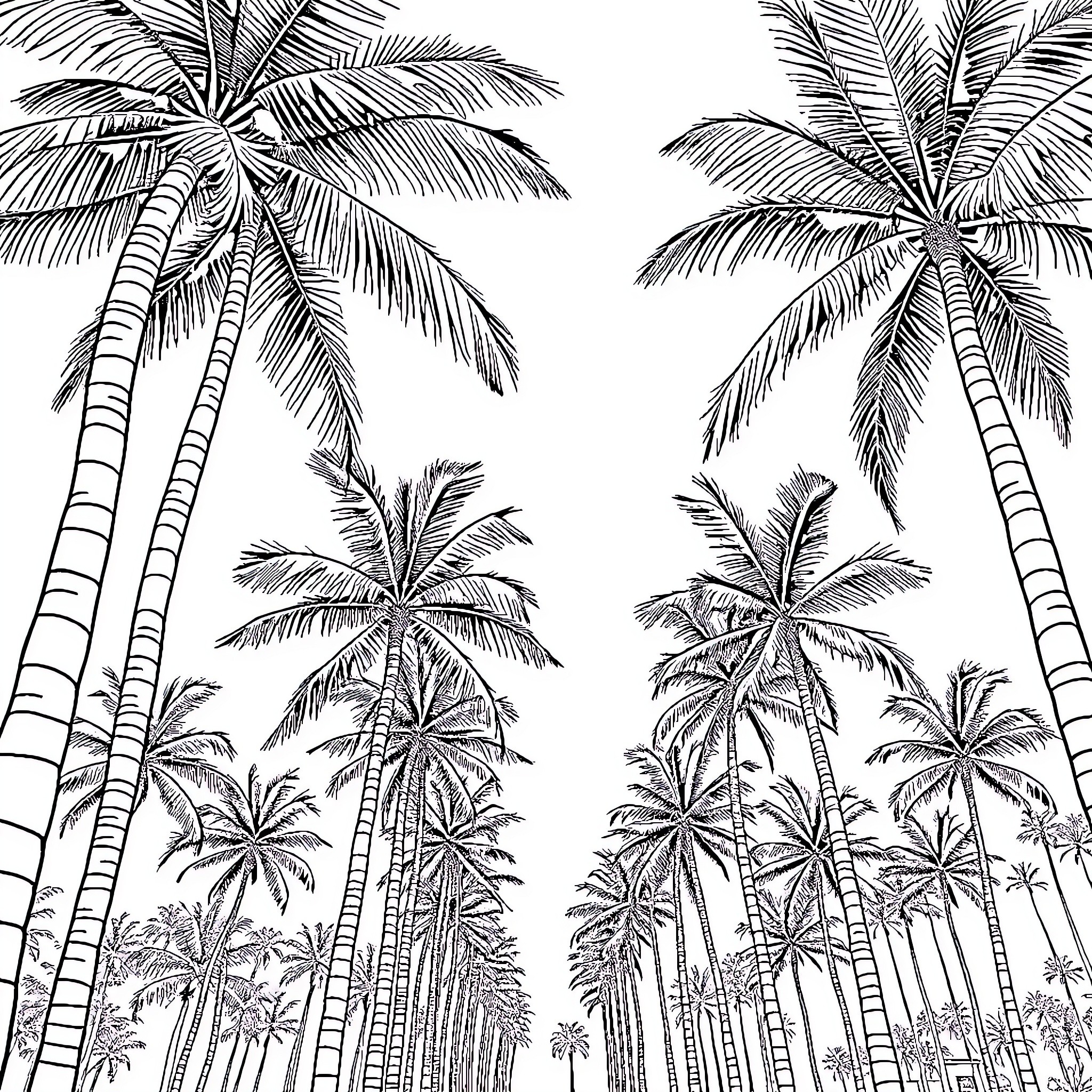 Palm trees in a tropical landscape Coloring Page (free black-and-white line drawing printable PDF for all, from beginners to advanced learners, including children, teens, adults, and seniors)