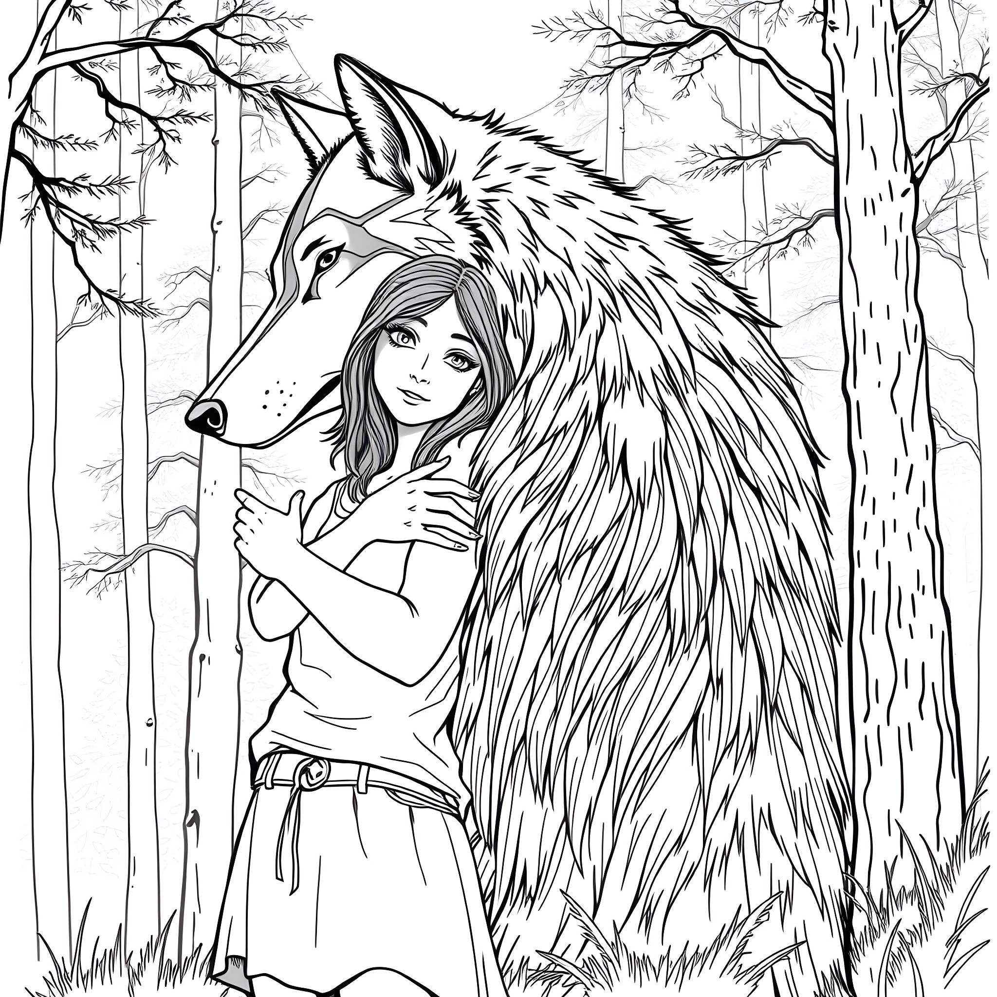 Girl hugging a majestic wolf in the forest Coloring Page (free black-and-white line drawing printable PDF for all, from beginners to advanced learners, including children, teens, adults, and seniors)