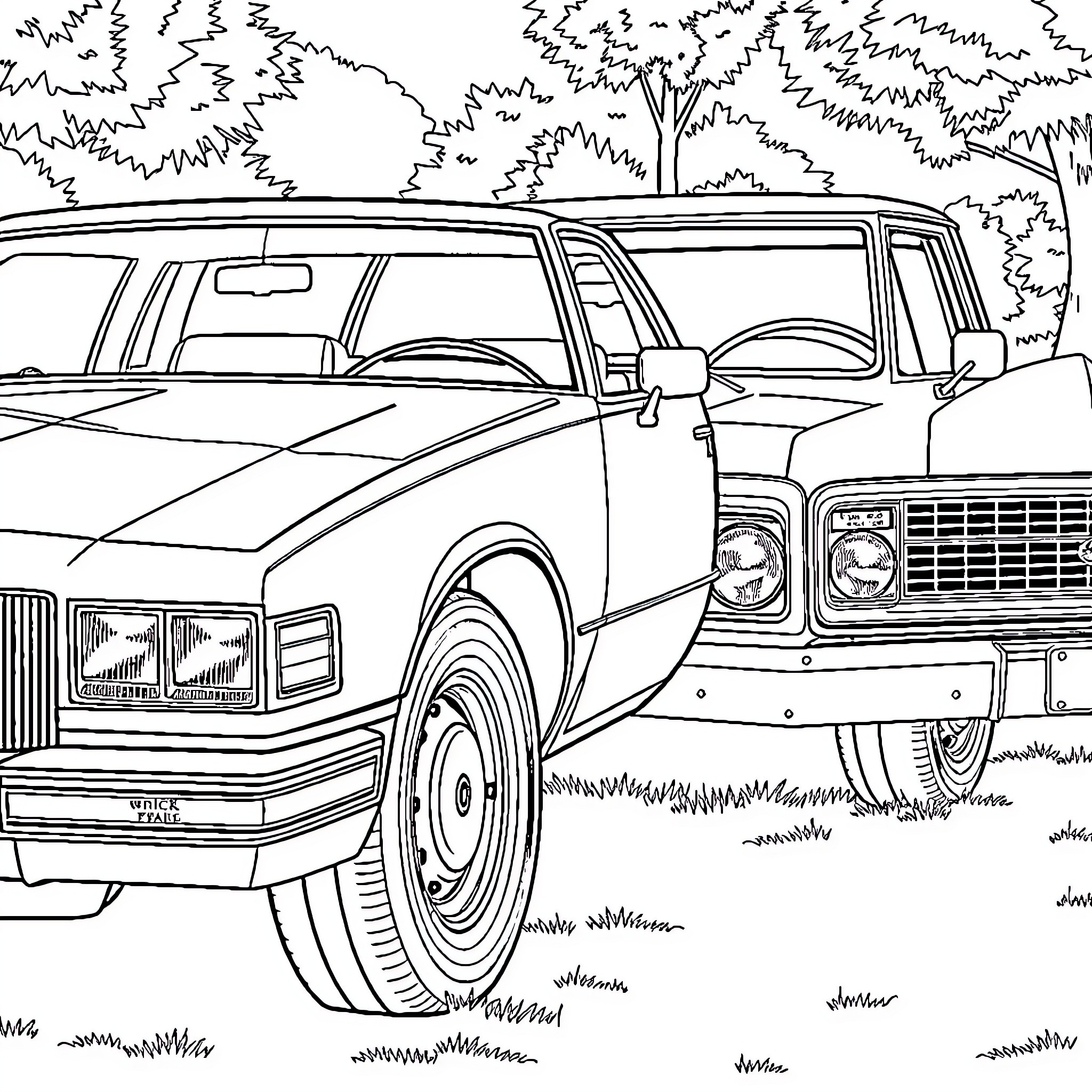 Cars parked in natural setting Coloring Page (free black-and-white line drawing printable PDF for all, from beginners to advanced learners, including children, teens, adults, and seniors)