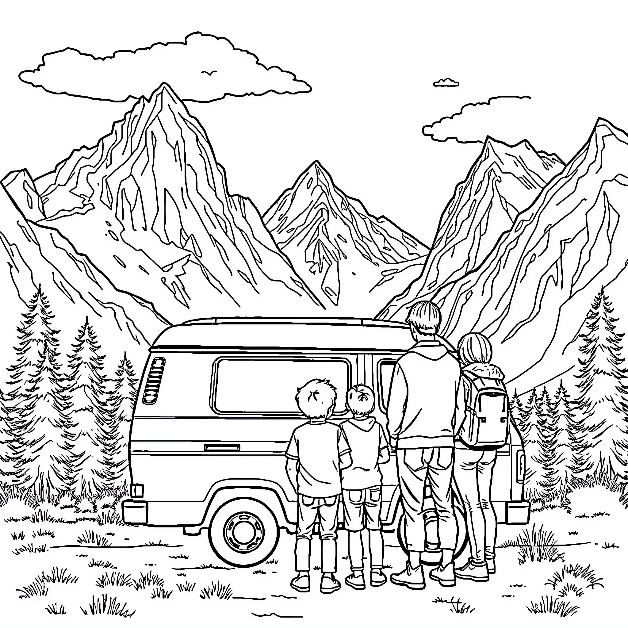 Van Adventure in Majestic Mountain Landscape Coloring Page (free black-and-white line drawing printable PDF for all, from beginners to advanced learners, including children, teens, adults, and seniors)