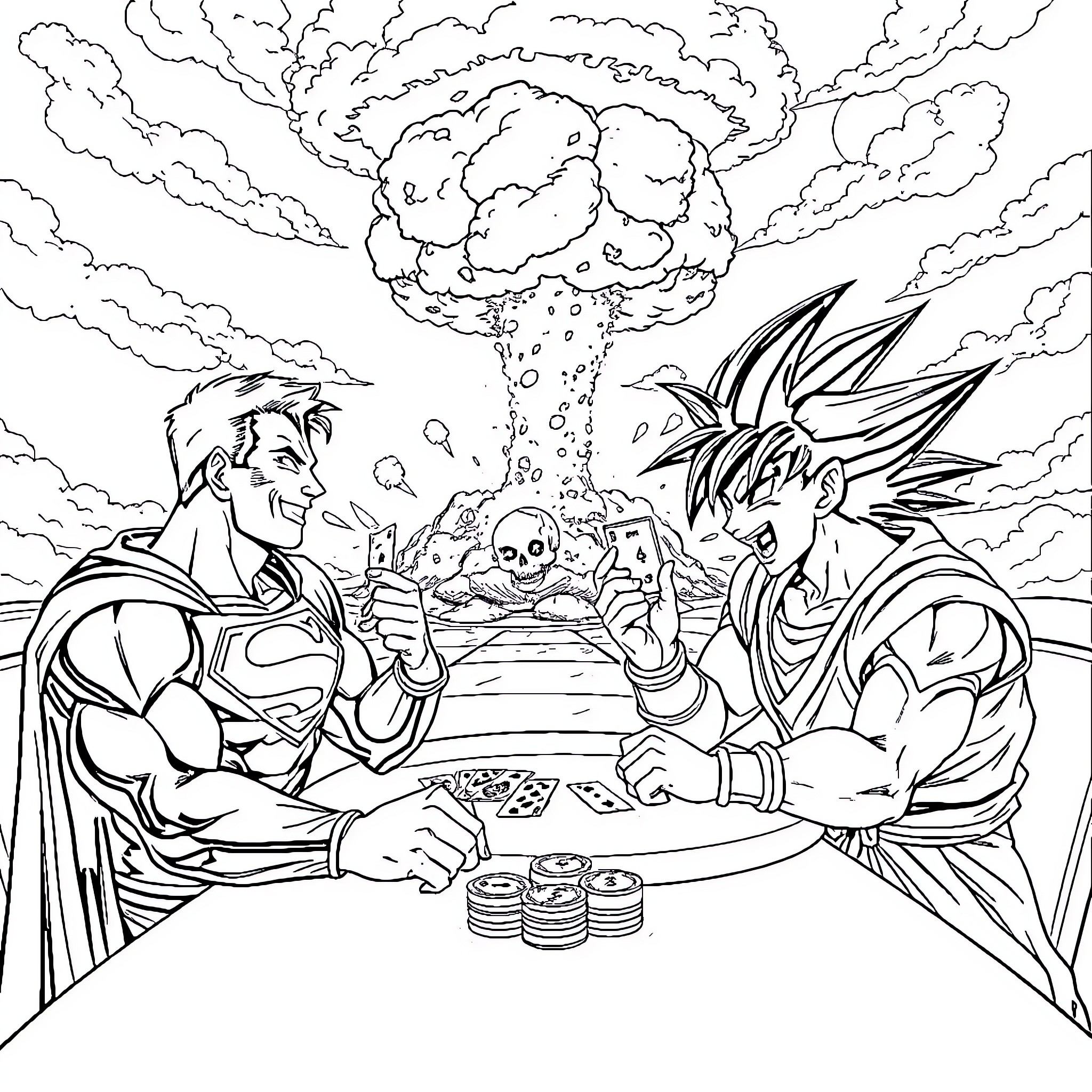 Superman and Goku Clash in an Explosive Showdown Coloring Page (free black-and-white line drawing printable PDF for all, from beginners to advanced learners, including children, teens, adults, and seniors)