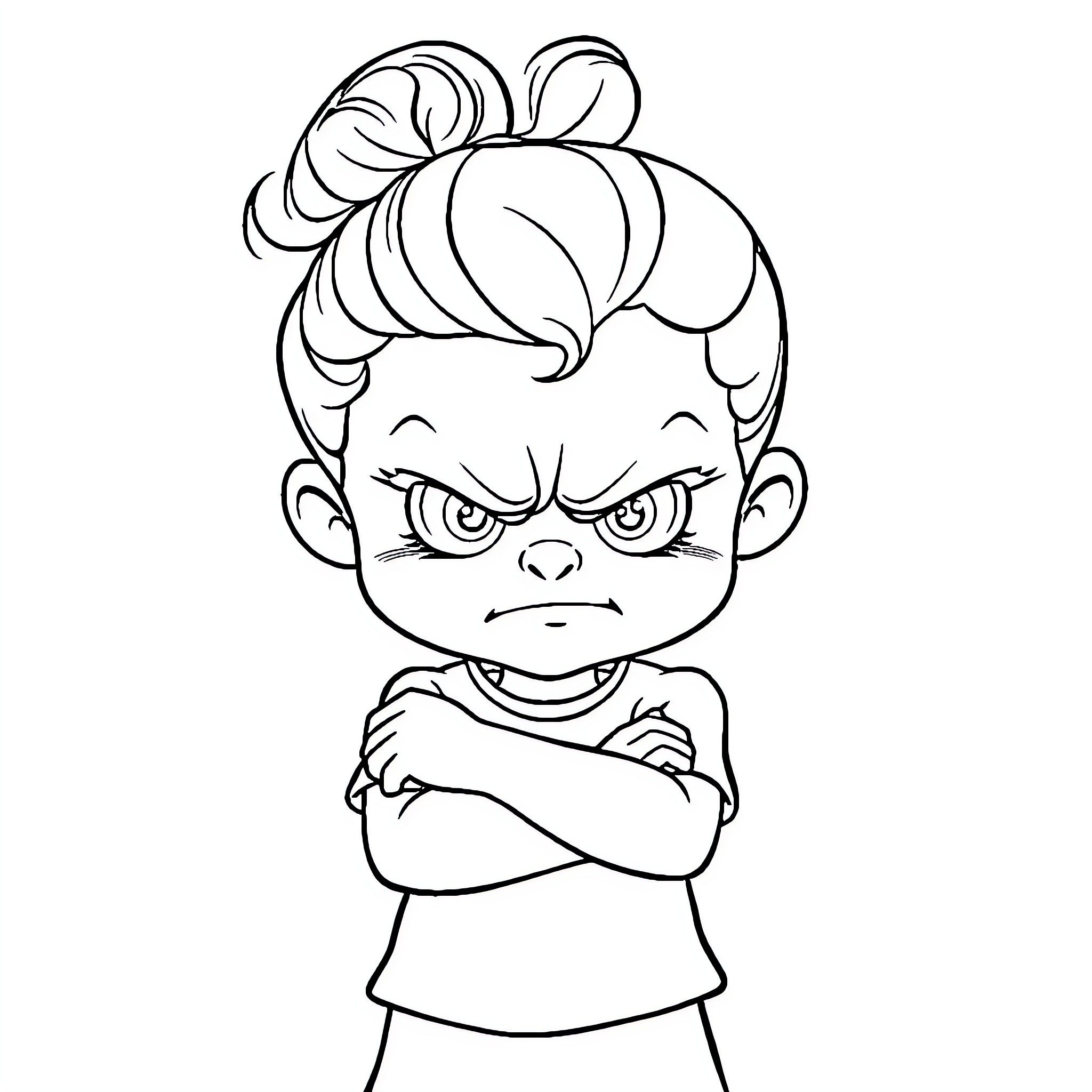 Girl with angry expression and crossed arms Coloring Page (free black-and-white line drawing printable PDF for all, from beginners to advanced learners, including children, teens, adults, and seniors)