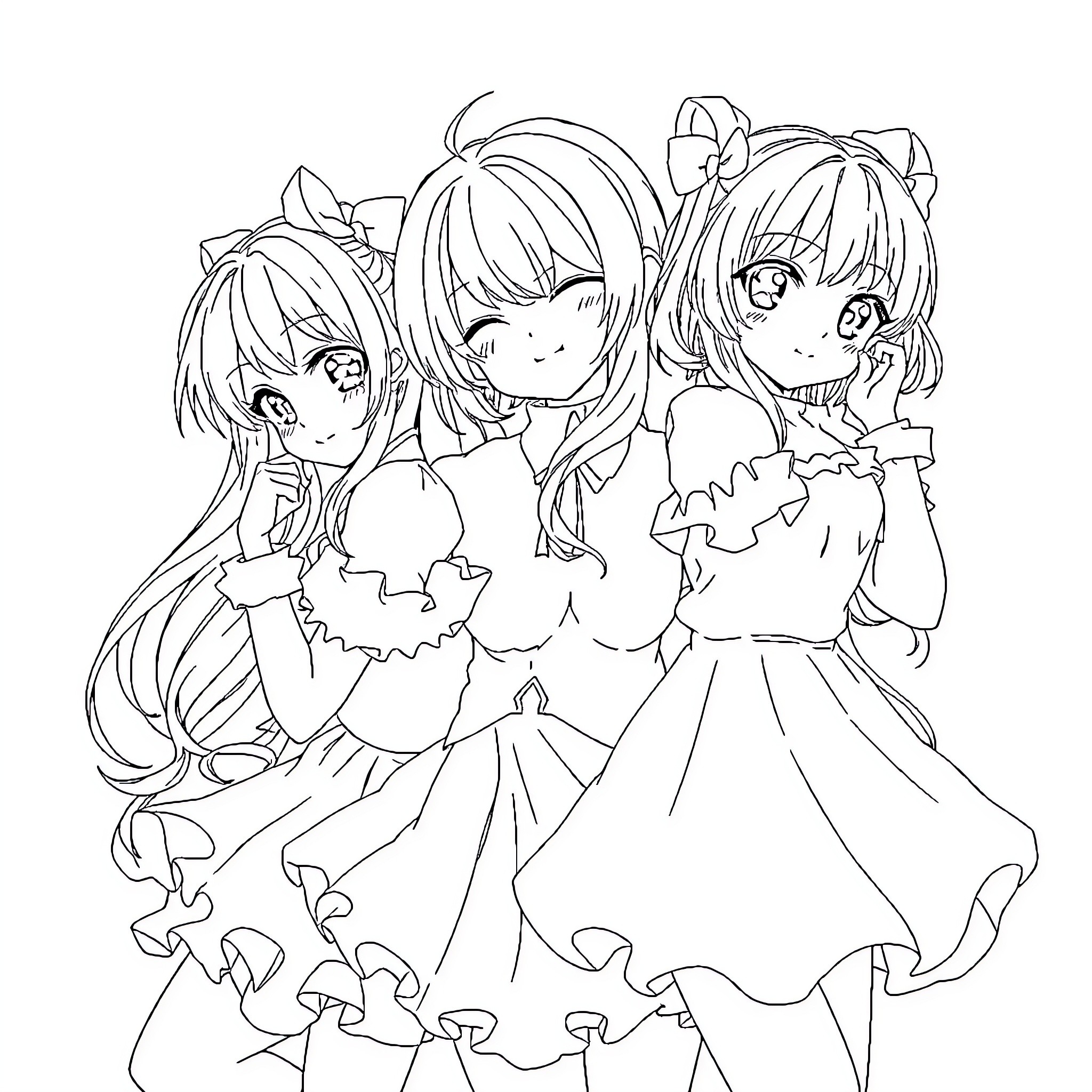 Anime Girls in Elegant Dresses Coloring Page (free black-and-white line drawing printable PDF for all, from beginners to advanced learners, including children, teens, adults, and seniors)
