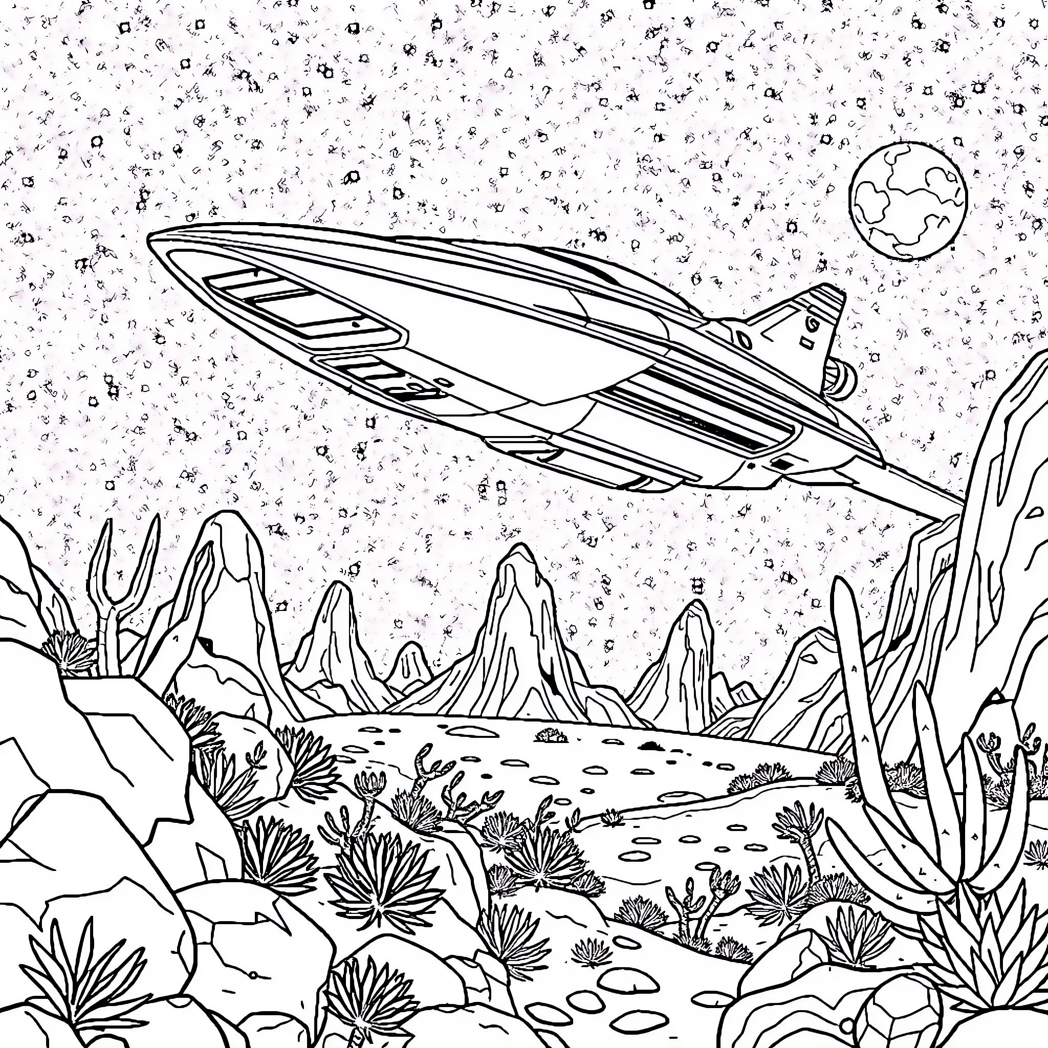 Spaceship soaring through the cosmic landscape Coloring Page (free black-and-white line drawing printable PDF for all, from beginners to advanced learners, including children, teens, adults, and seniors)