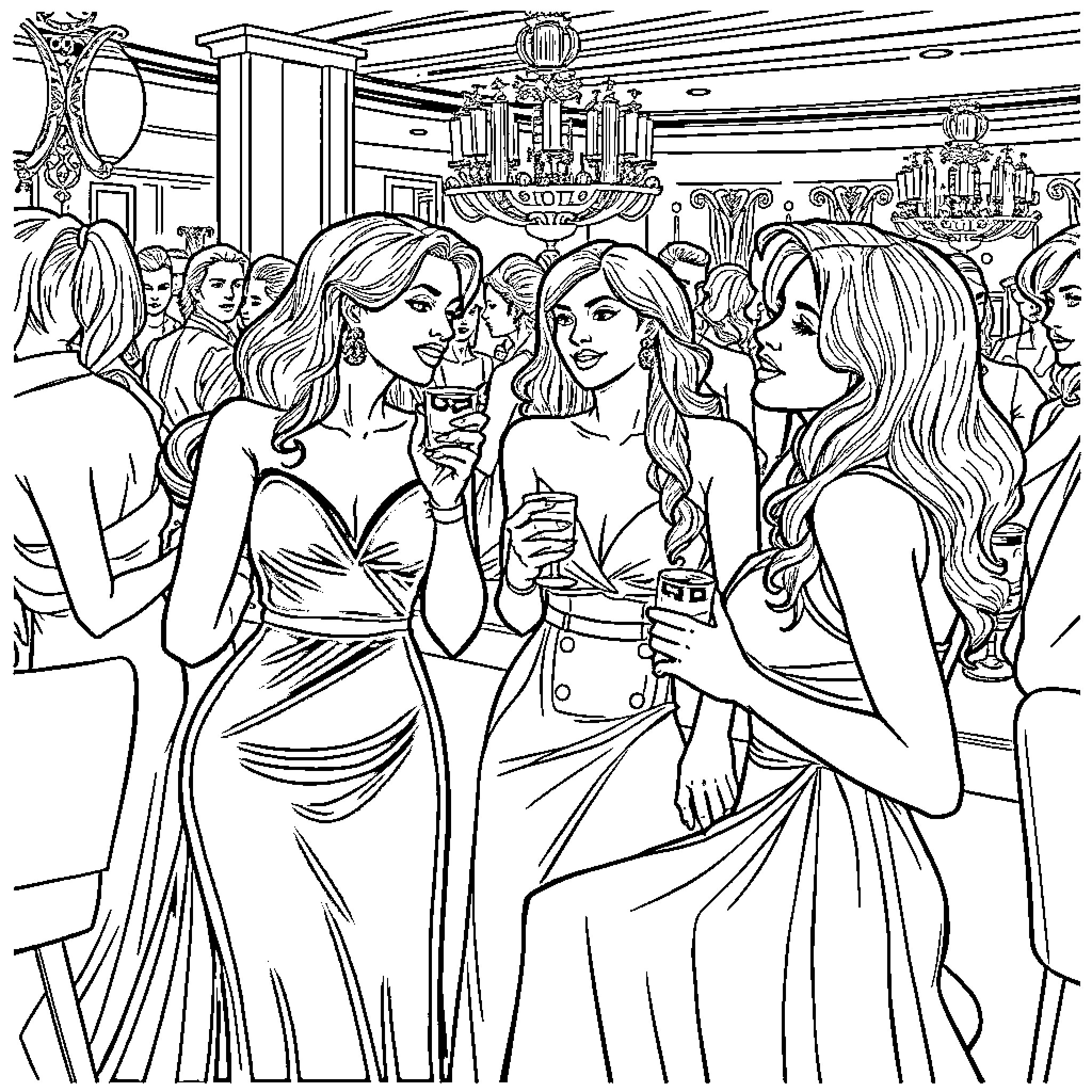 Lady enjoying a glamorous social event with friends Coloring Page (free black-and-white line drawing printable PDF for all, from beginners to advanced learners, including children, teens, adults, and seniors)