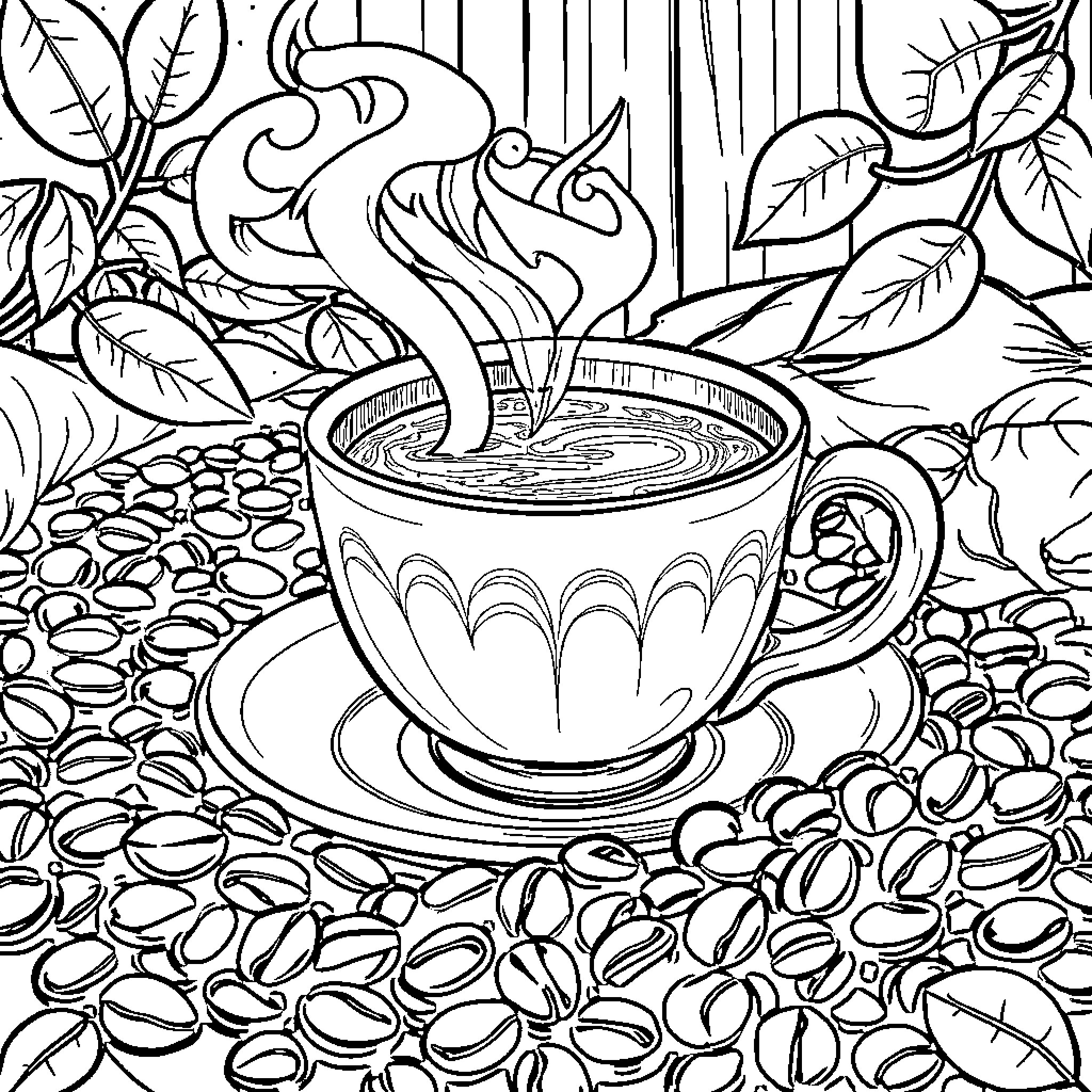 Mate Enjoying Warm Beverage Amidst Nature Coloring Page (free black-and-white line drawing printable PDF for all, from beginners to advanced learners, including children, teens, adults, and seniors)
