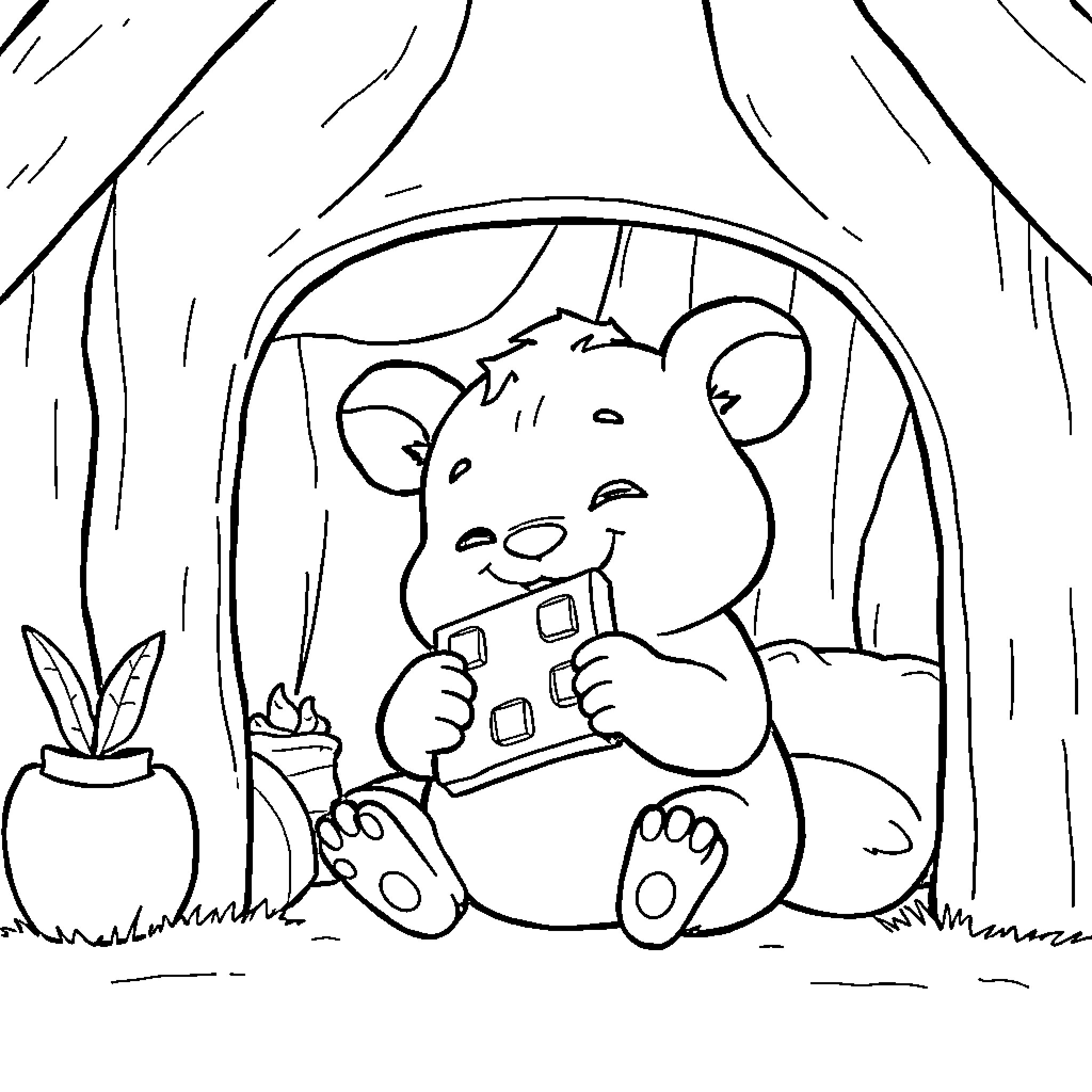 Labubu playing with a handheld device in the forest Coloring Page (free black-and-white line drawing printable PDF for all, from beginners to advanced learners, including children, teens, adults, and seniors)
