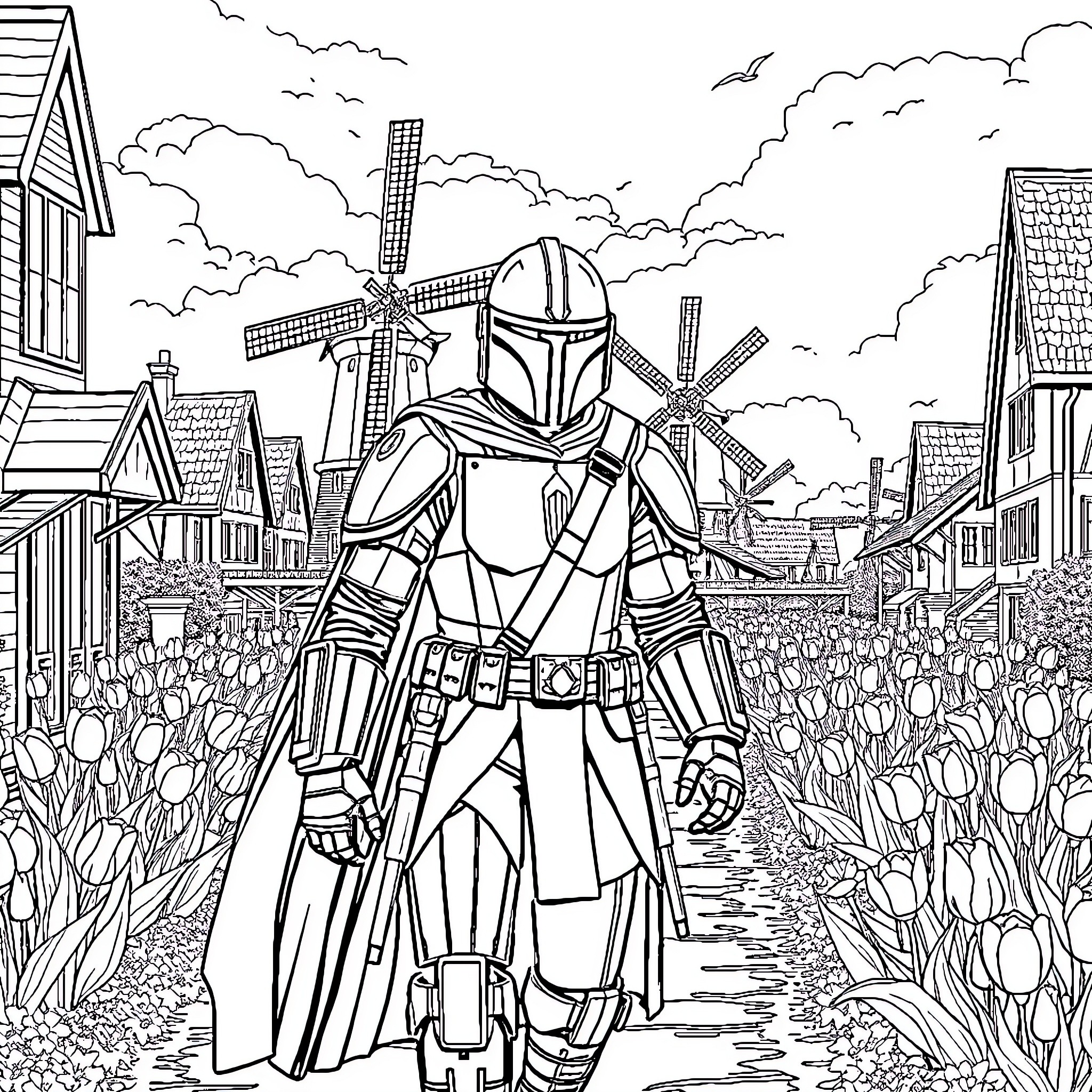 Mandalorian warrior amidst windmills and tulips Coloring Page (free black-and-white line drawing printable PDF for all, from beginners to advanced learners, including children, teens, adults, and seniors)
