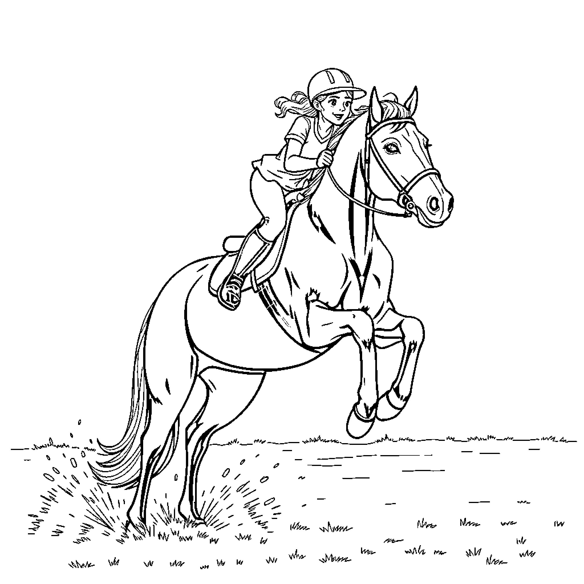 Girl riding a horse on the field Coloring Page (free black-and-white line drawing printable PDF for all, from beginners to advanced learners, including children, teens, adults, and seniors)
