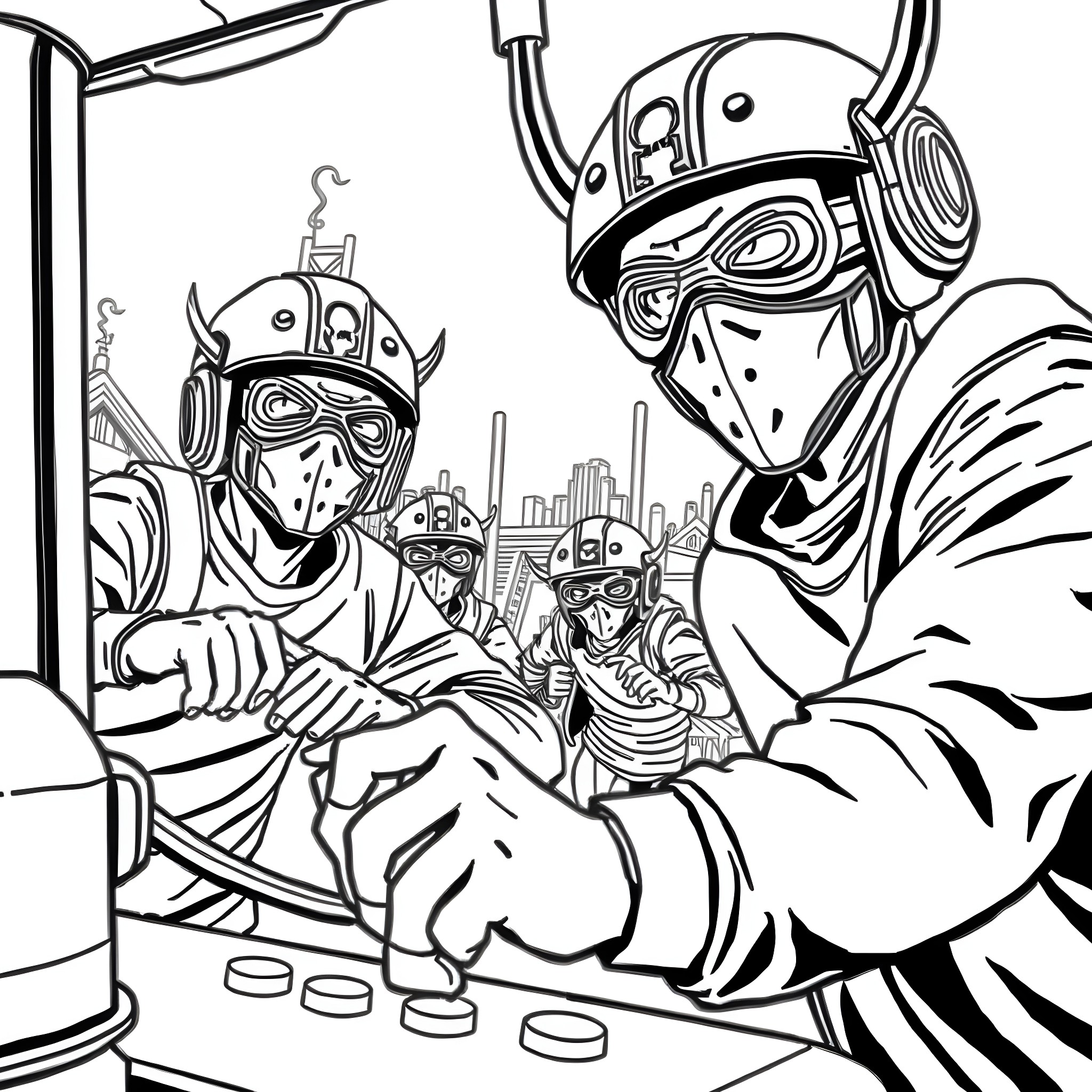 Squid Game players engaged in intense competition Coloring Page (free black-and-white line drawing printable PDF for all, from beginners to advanced learners, including children, teens, adults, and seniors)